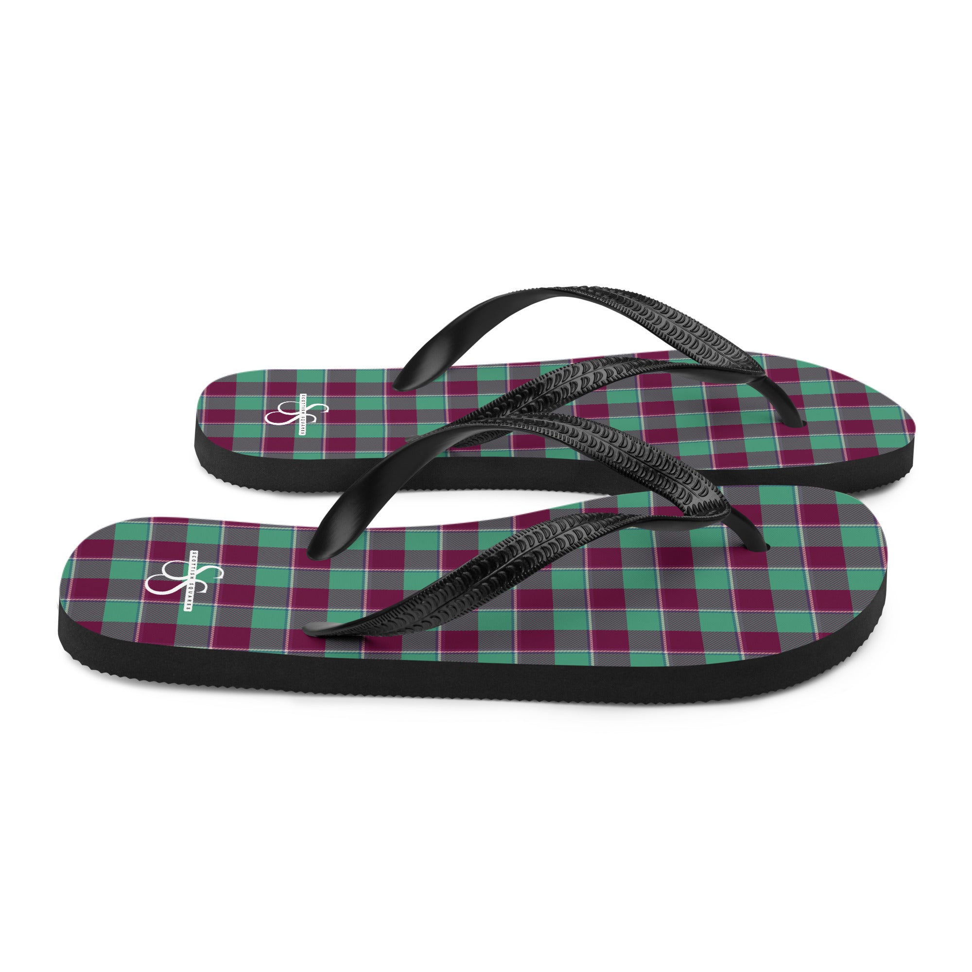 Ocean Green and Mulberry Wood Plaid Flip Flops - Scottish Squares