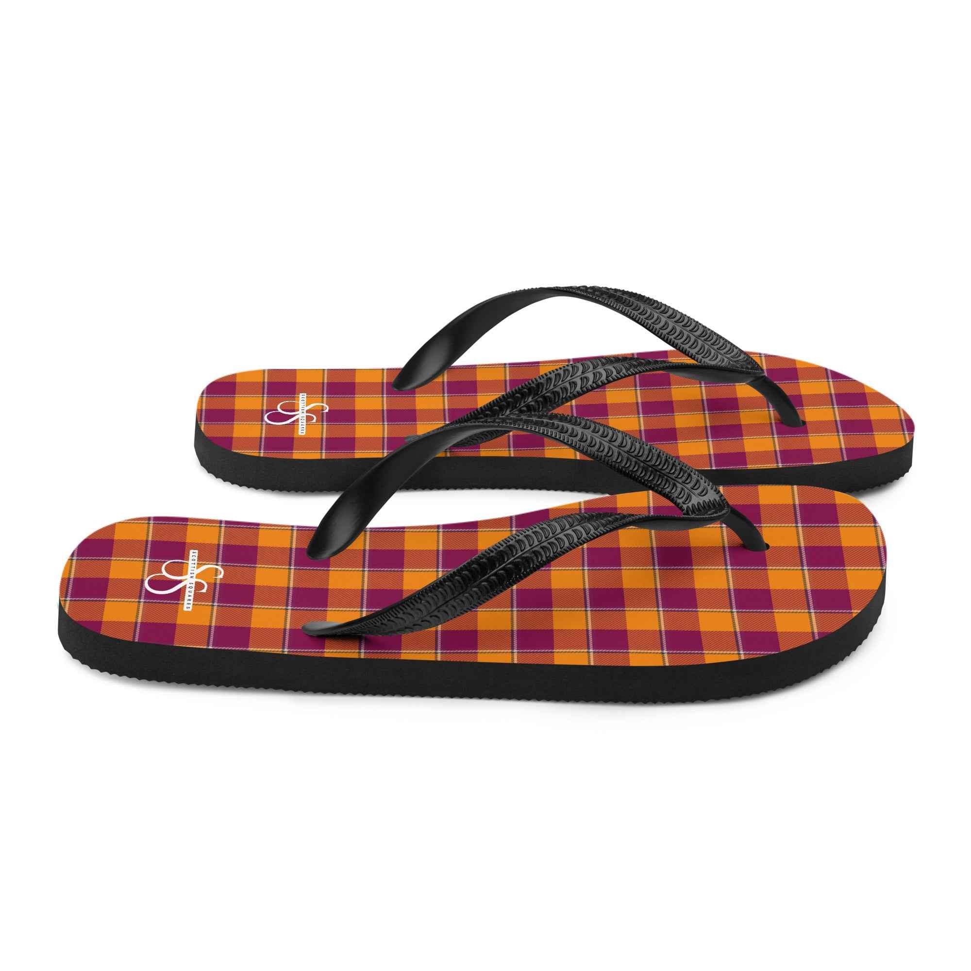Tahiti Gold and Rose Bud Cherry Plaid Flip Flops - Scottish Squares