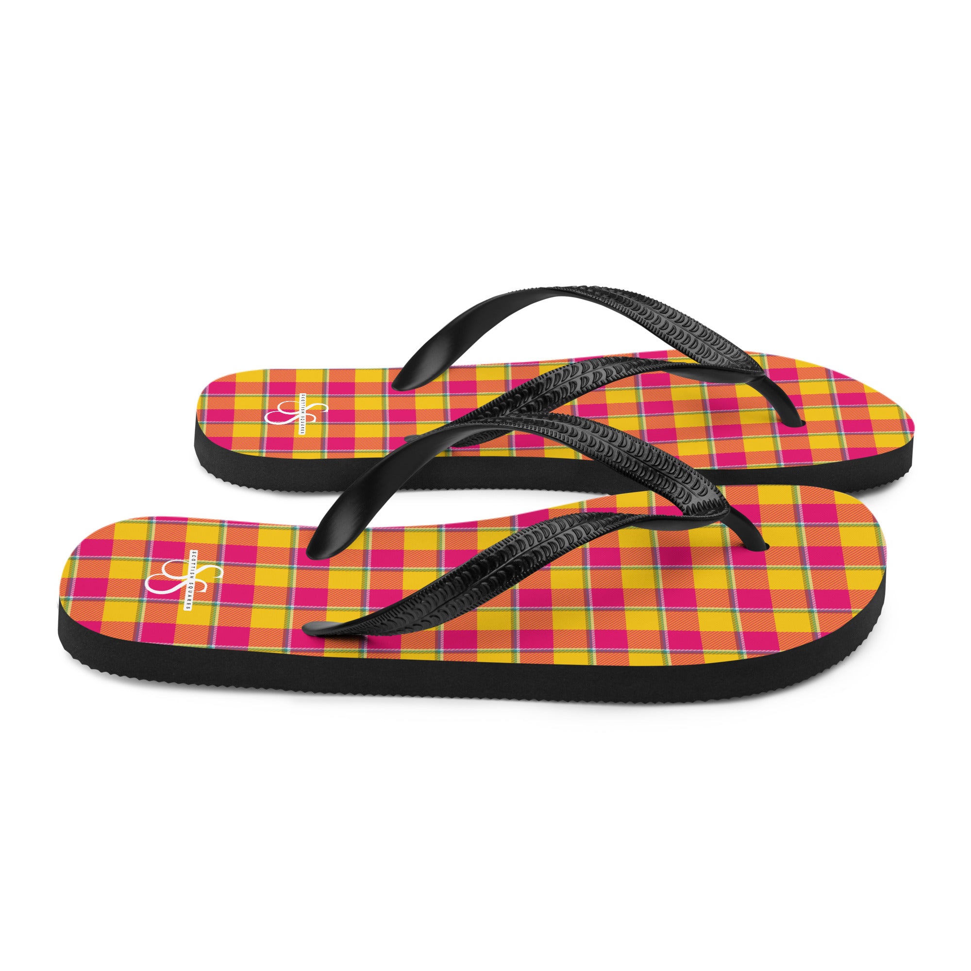 Corn and Razzmatazz Plaid Flip Flops - Scottish Squares