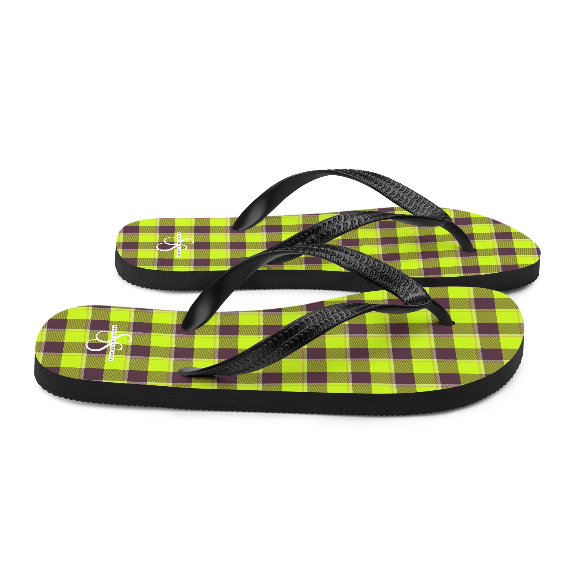 Electric Lime and Livid Brown Plaid Flip Flops - Scottish Squares