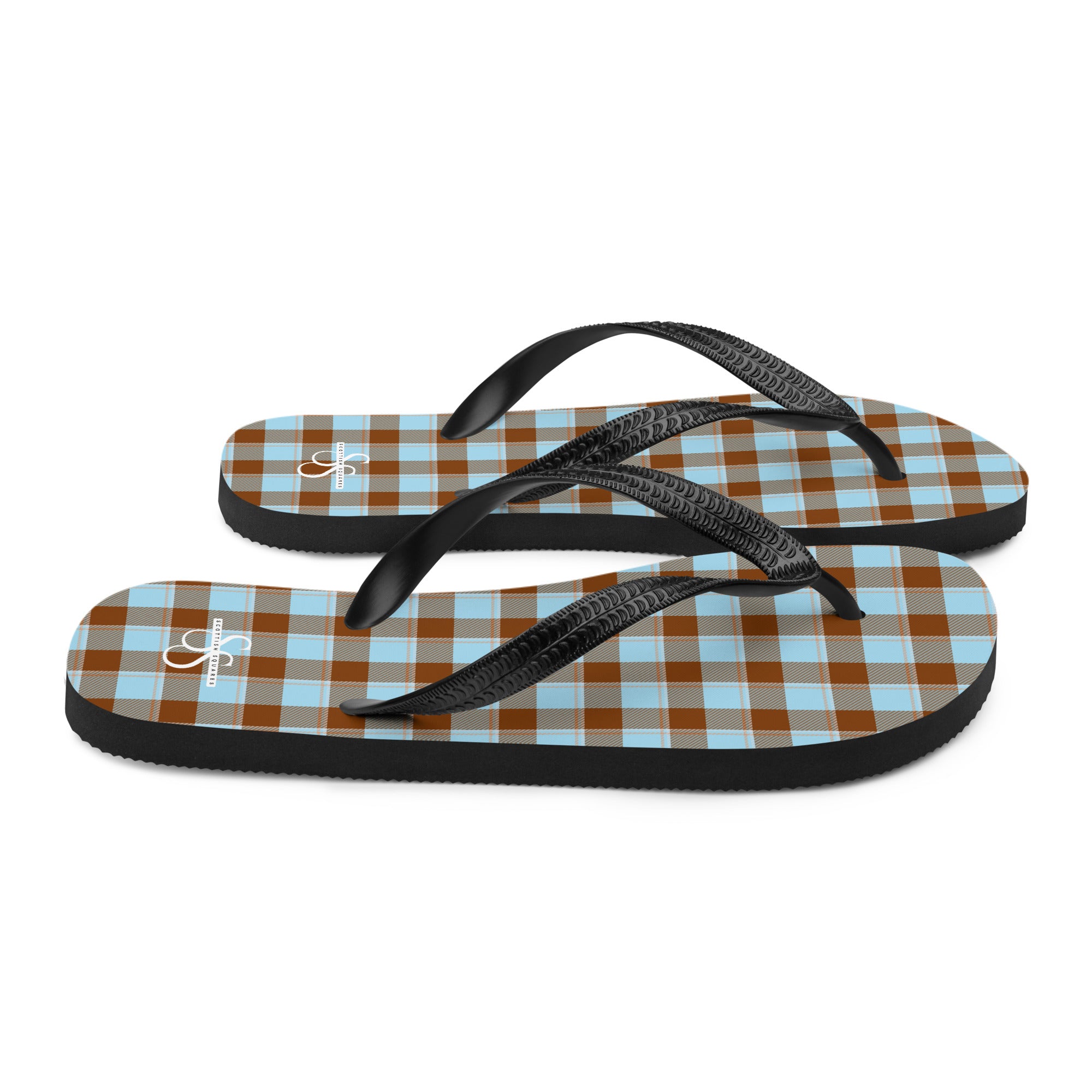 Blizzard Blue and Livid Brown Plaid Flip Flops - Scottish Squares