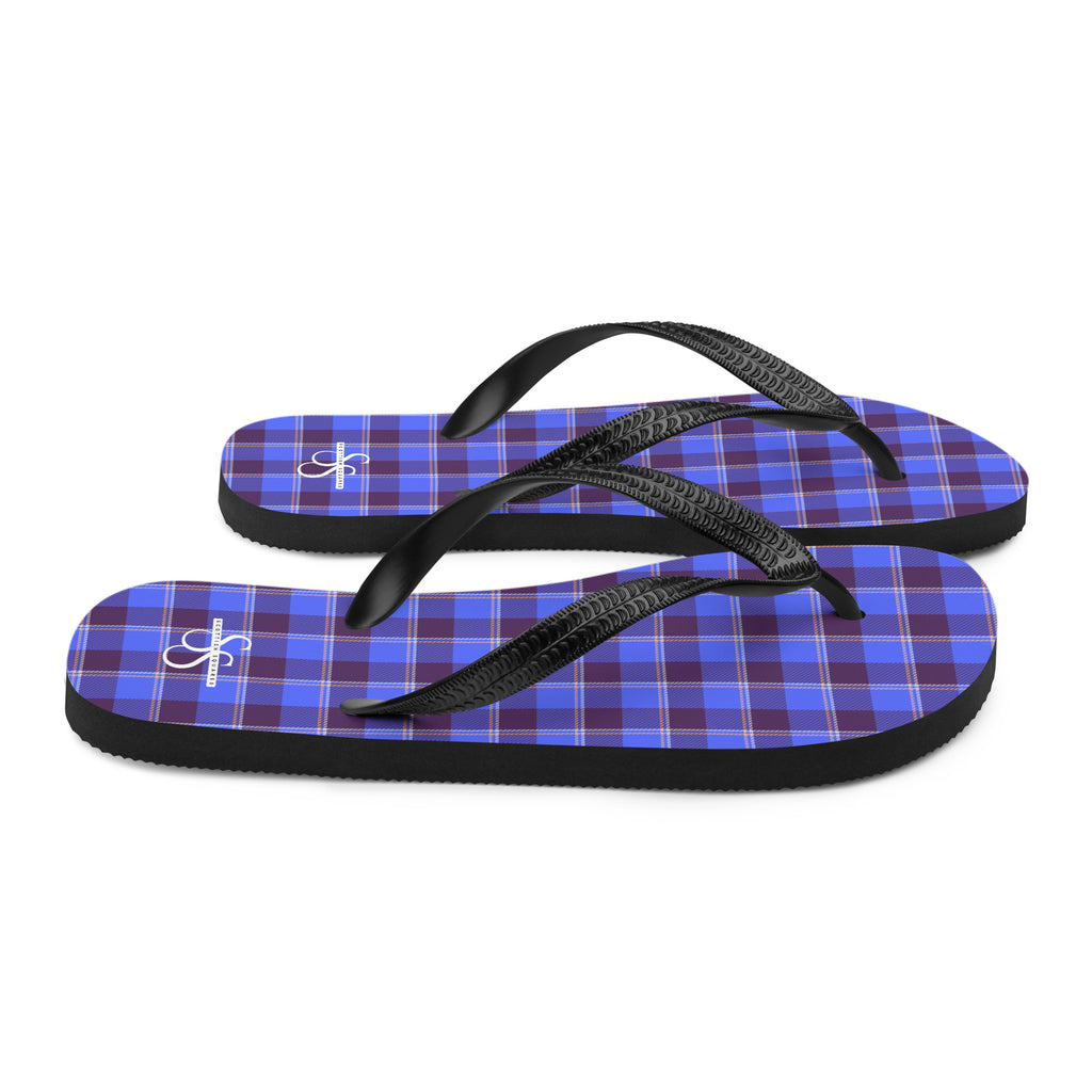 Cornflower Blue and Livid Brown Plaid Flip Flops - Scottish Squares