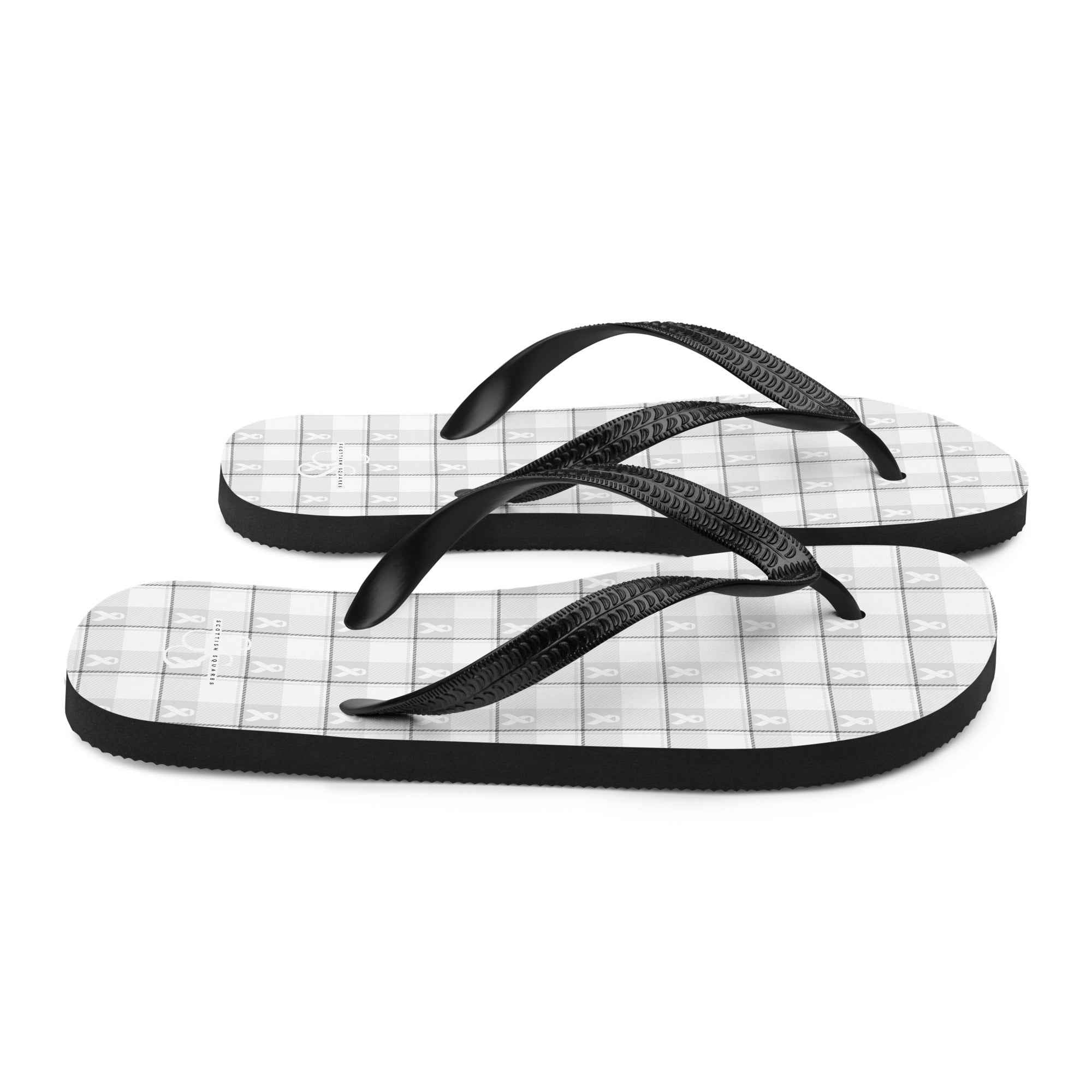 Flip Flops Lung Cancer Awareness Plaid, White Ribbon, Supportive Gift - Scottish Squares