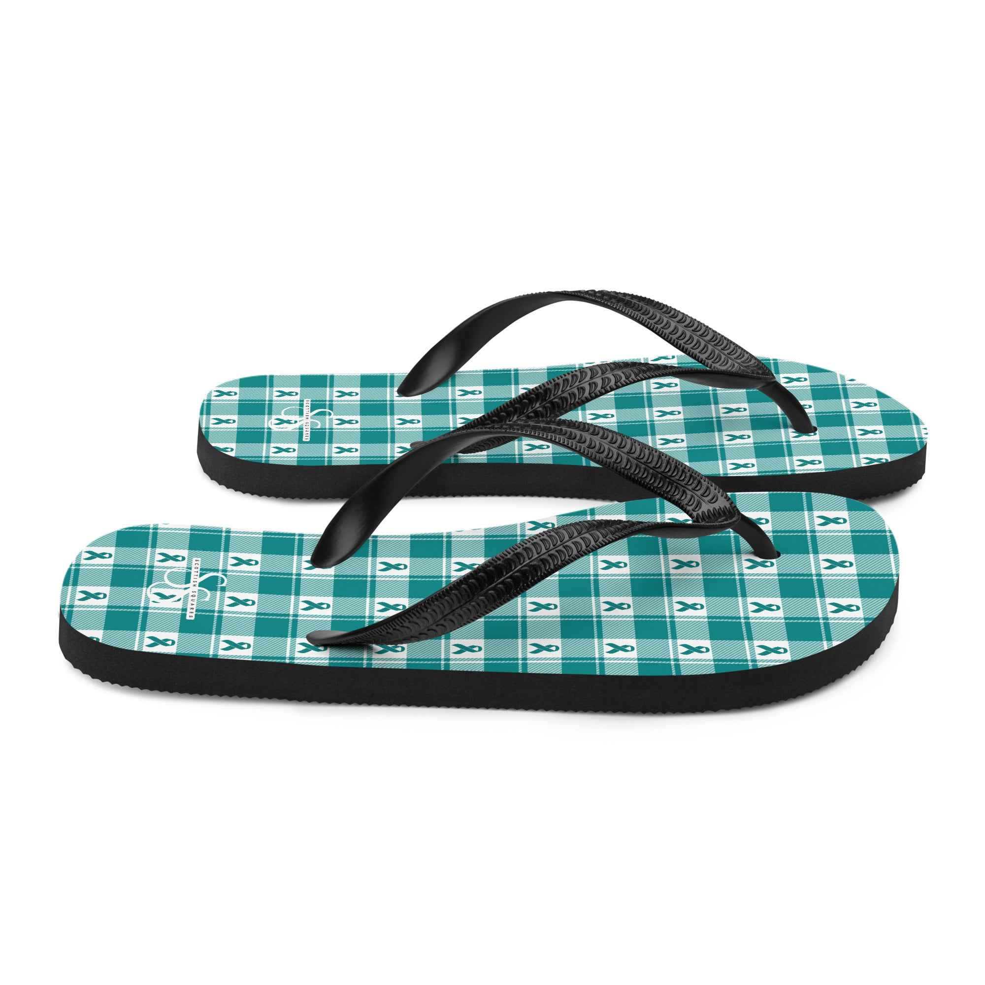 Flip Flops Cervical Cancer Awareness Plaid, Teal Ribbon, Supportive Gift - Scottish Squares