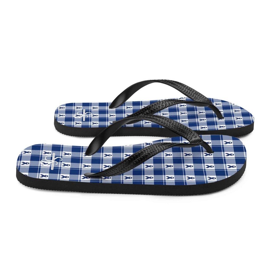 Flip Flops Colorectal Cancer Awareness Plaid, Dark Blue Ribbon, Supportive Gift - Scottish Squares