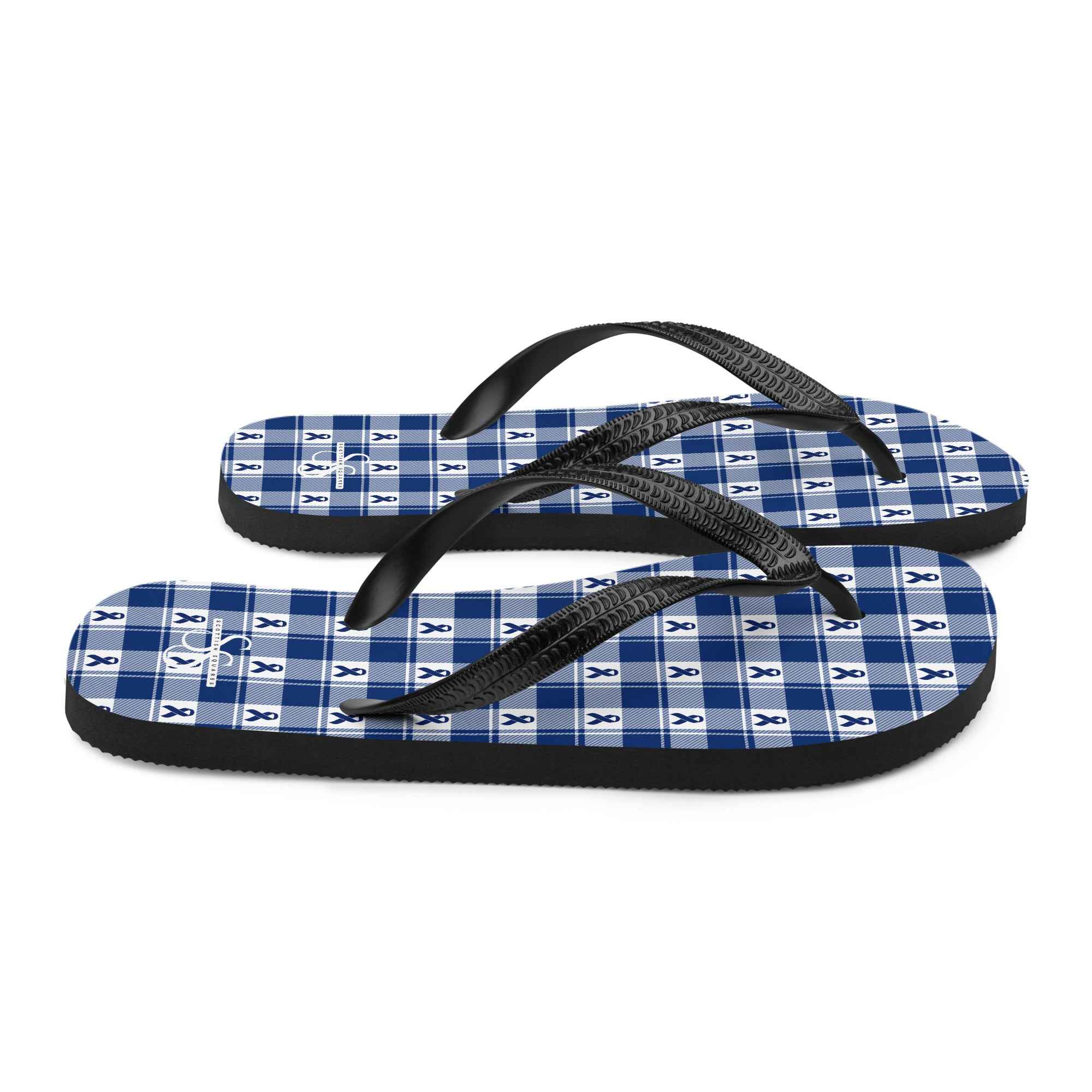 Flip Flops Colorectal Cancer Awareness Plaid, Dark Blue Ribbon, Supportive Gift - Scottish Squares