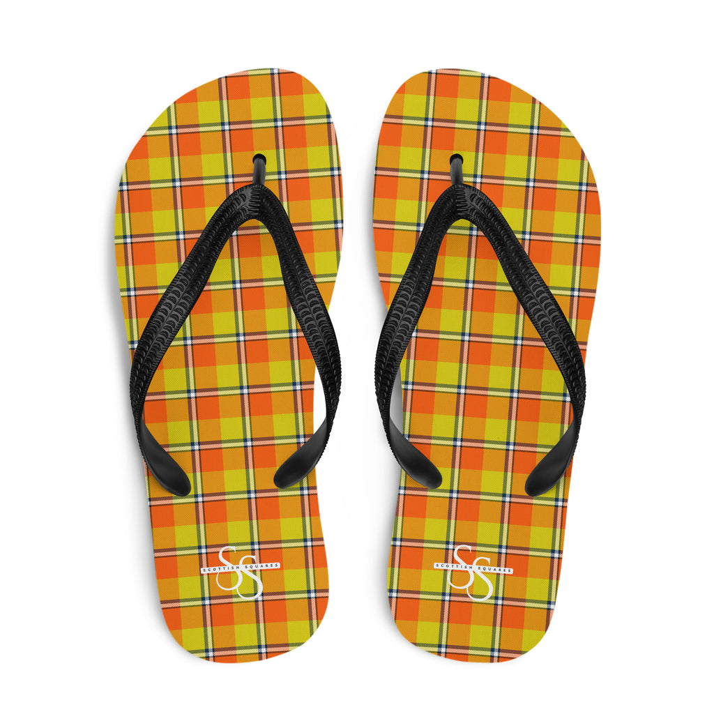 Blaze Orange and Bird Flower Plaid Flip Flops - Scottish Squares