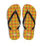 Blaze Orange and Bird Flower Plaid Flip Flops - Scottish Squares