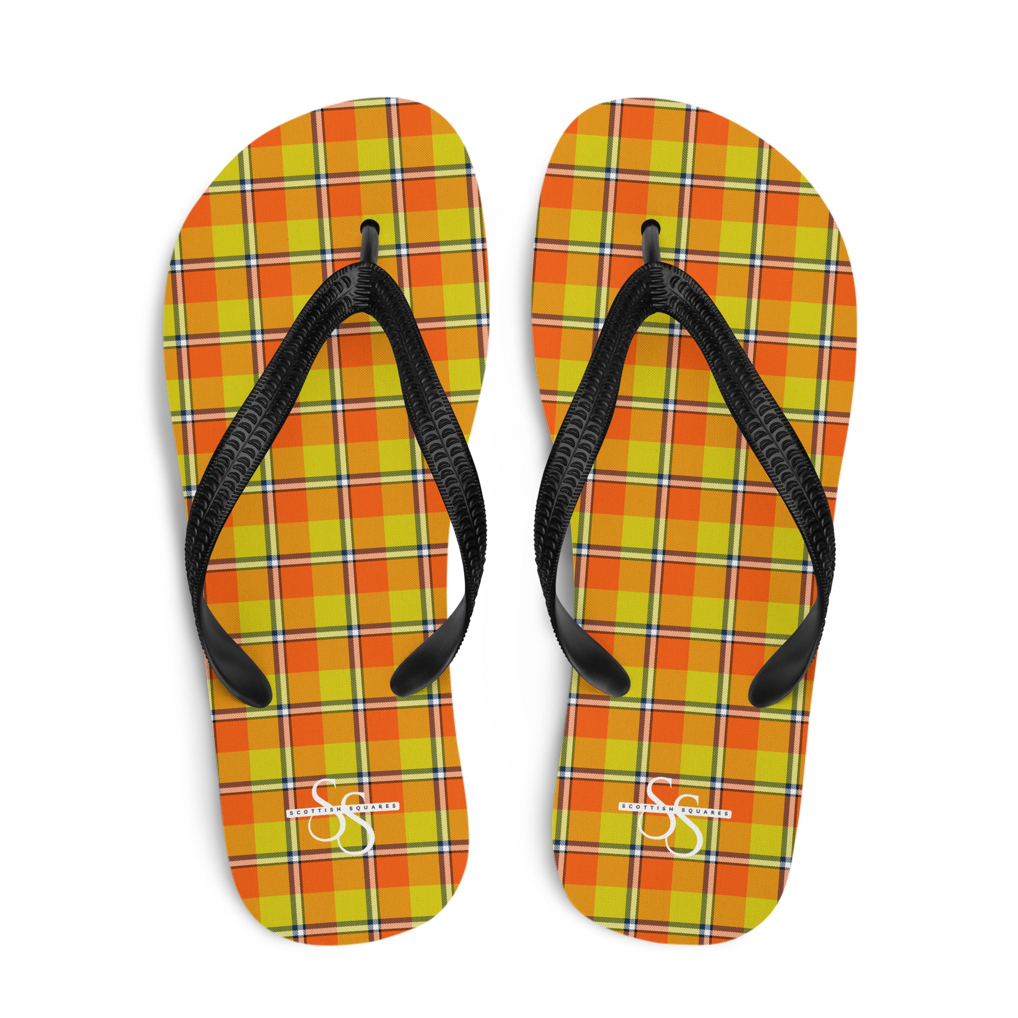 Blaze Orange and Bird Flower Plaid Flip Flops - Scottish Squares