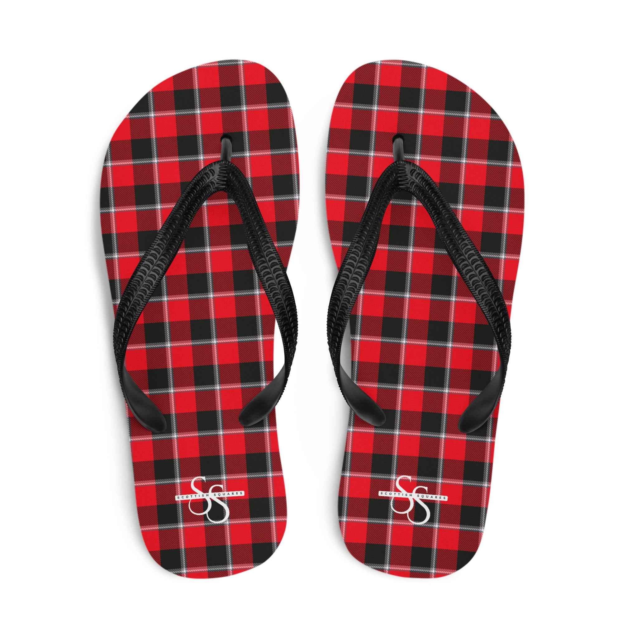 Red Ribbon and Heavy Metal Plaid Flip Flops - Scottish Squares