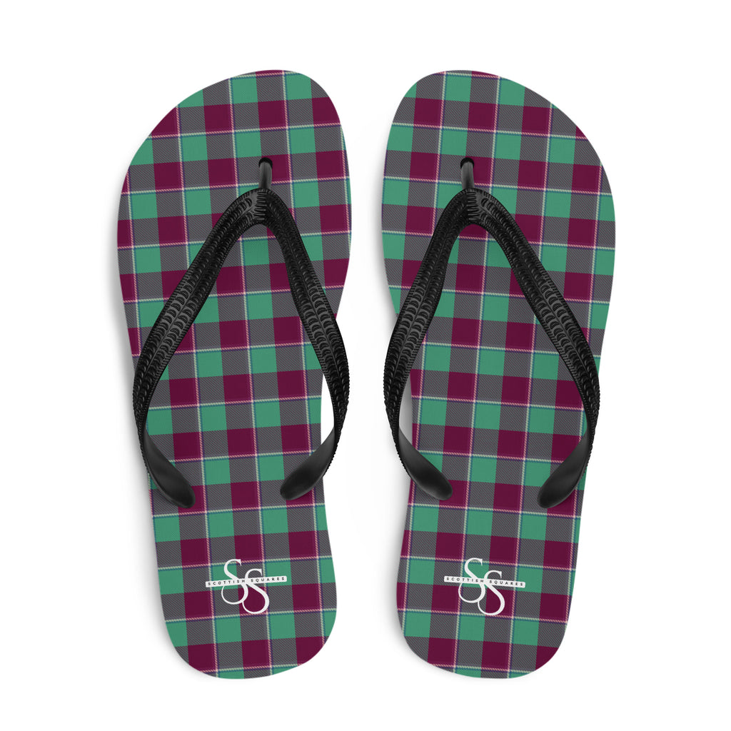 Ocean Green and Mulberry Wood Plaid Flip Flops - Scottish Squares