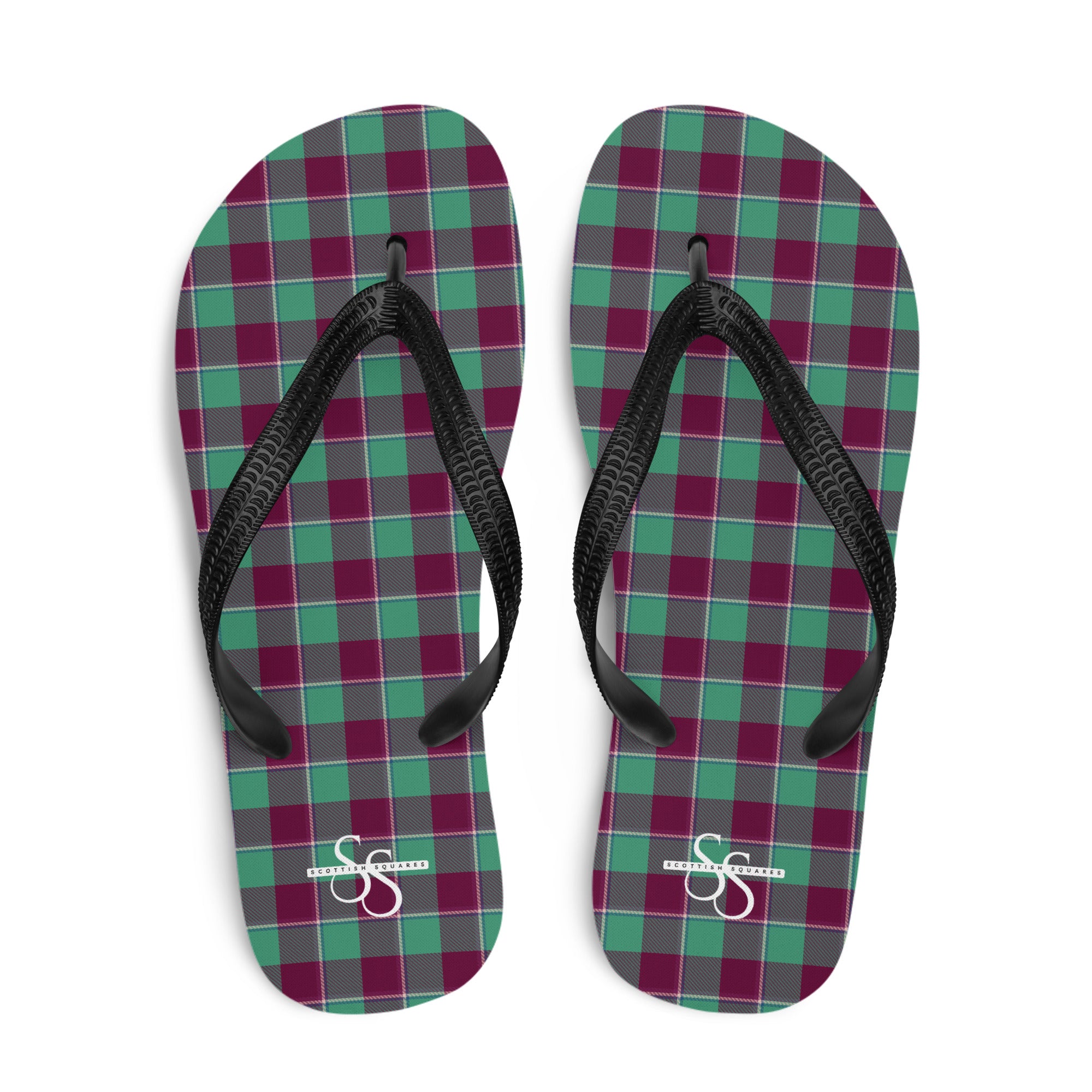 Ocean Green and Mulberry Wood Plaid Flip Flops - Scottish Squares