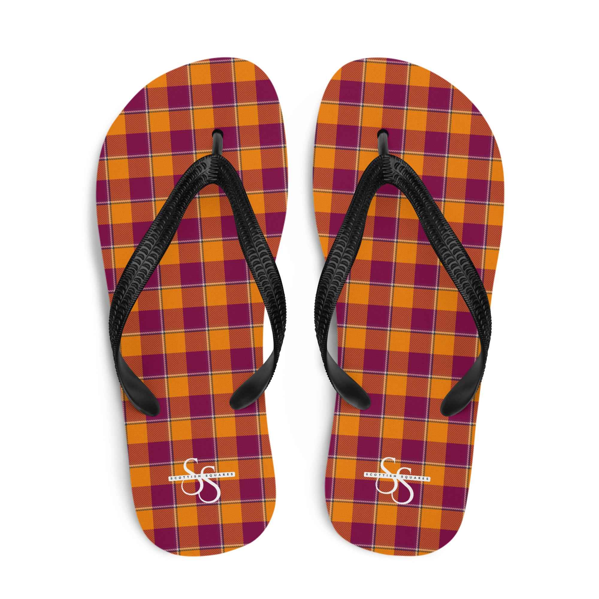 Tahiti Gold and Rose Bud Cherry Plaid Flip Flops - Scottish Squares
