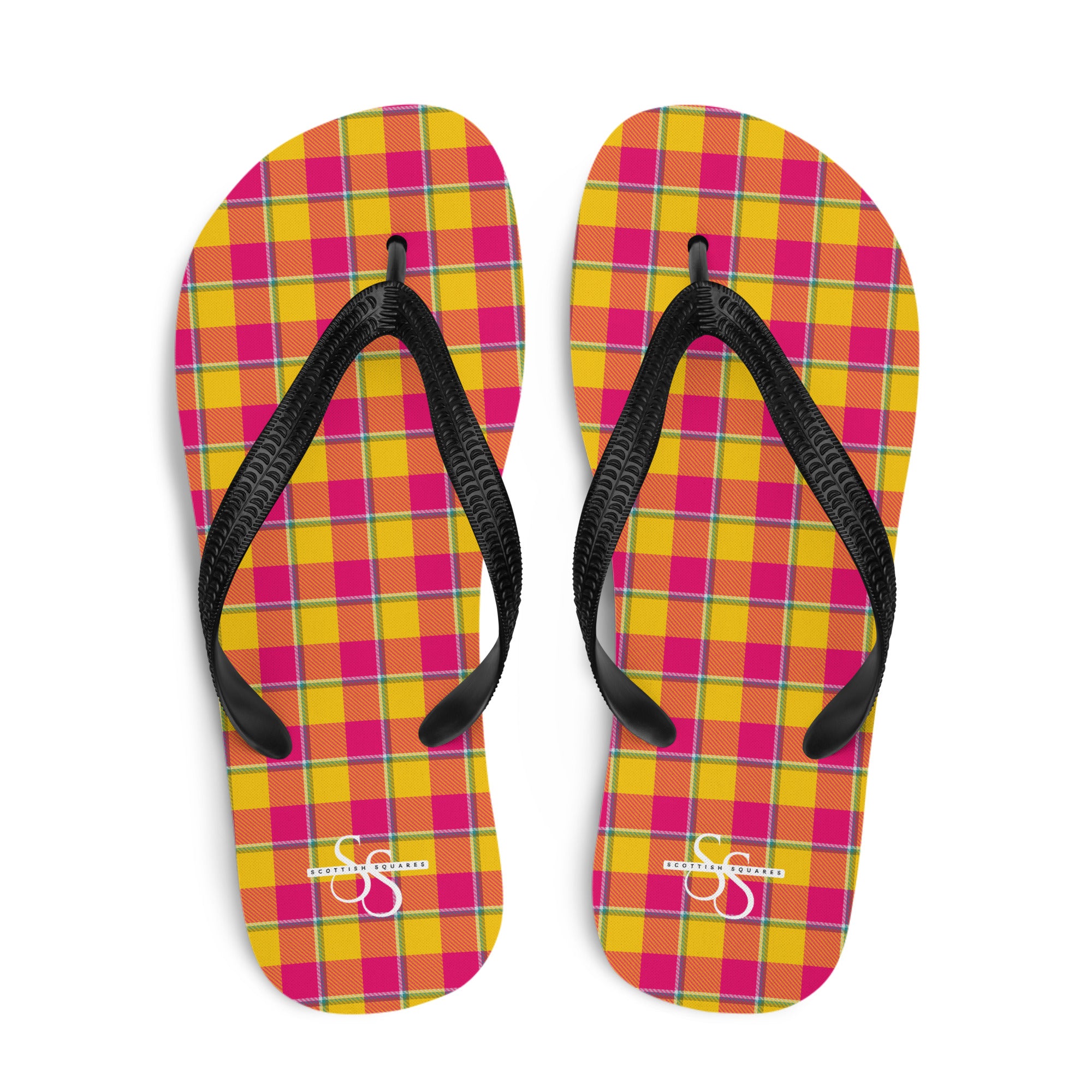 Corn and Razzmatazz Plaid Flip Flops - Scottish Squares
