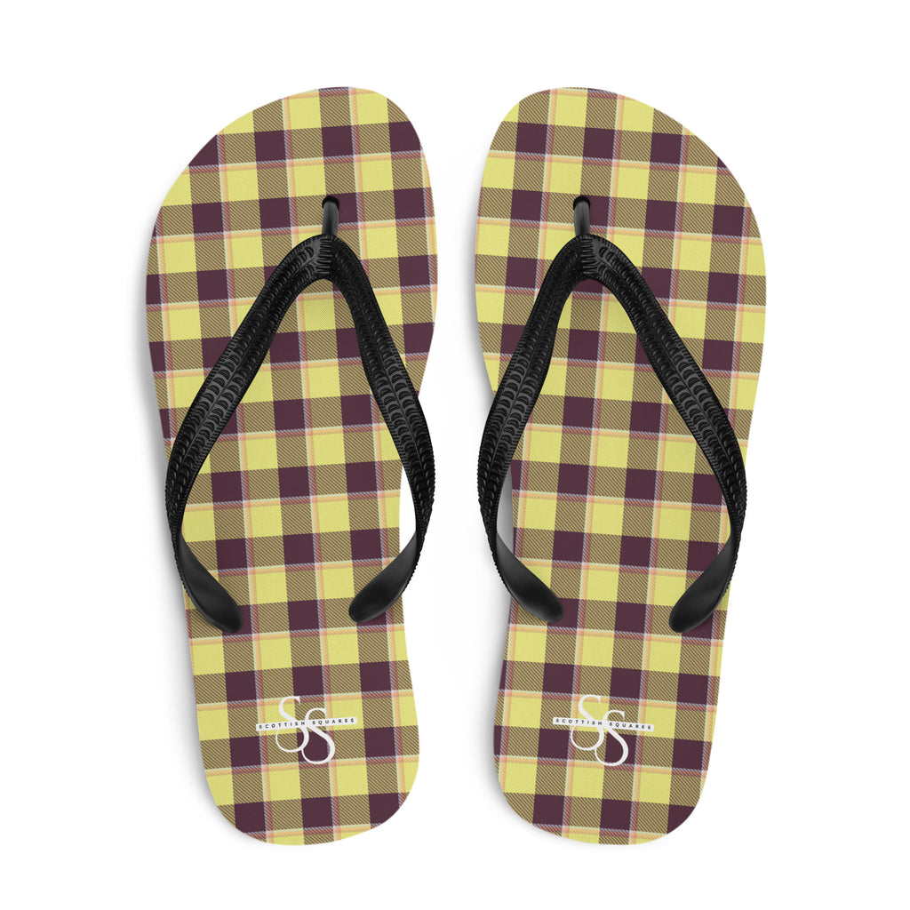 Flax and Livid Brown Plaid Flip Flops - Scottish Squares