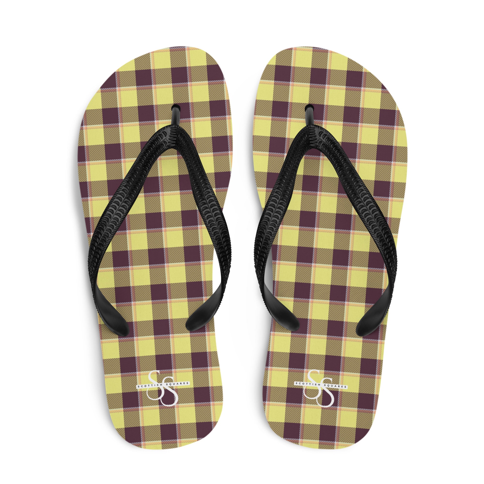 Flax and Livid Brown Plaid Flip Flops - Scottish Squares