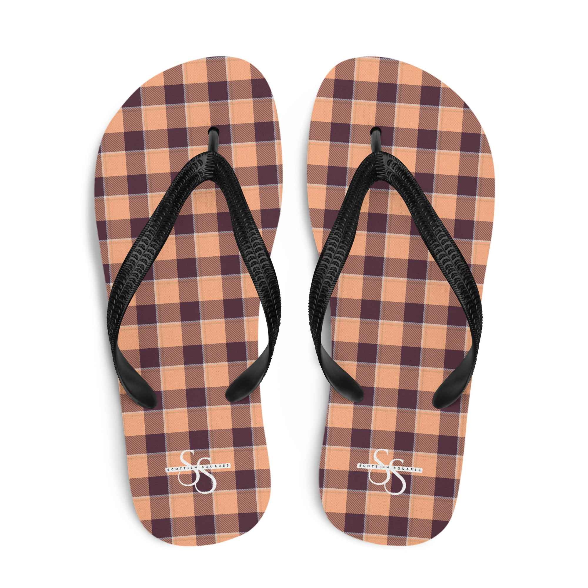 Hit Pink and Livid Brown Plaid Flip Flops - Scottish Squares