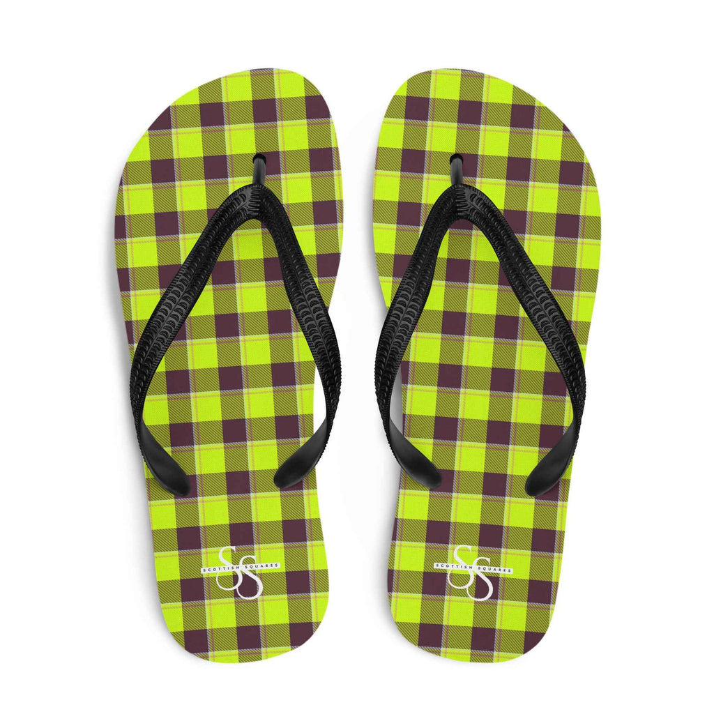 Electric Lime and Livid Brown Plaid Flip Flops - Scottish Squares