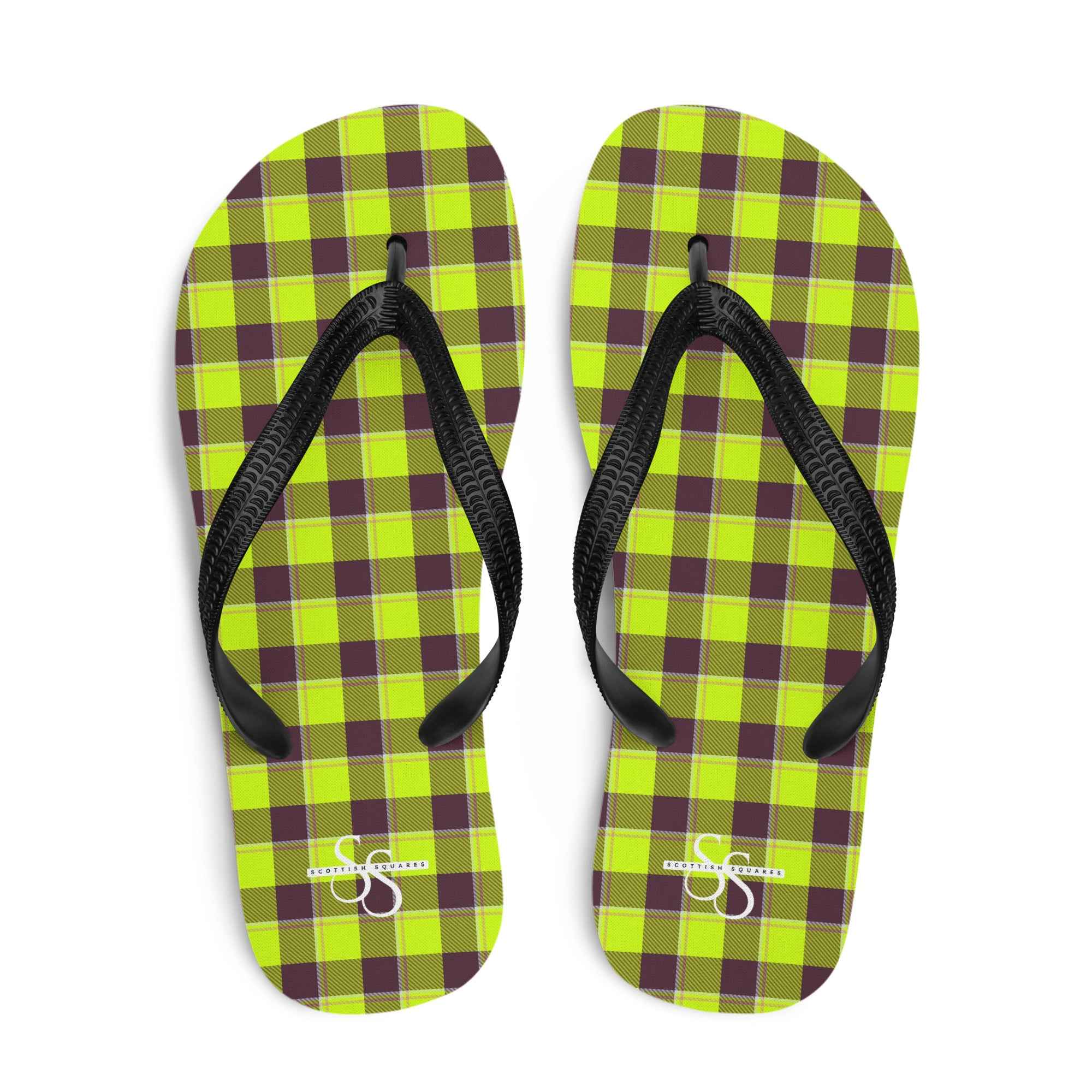 Electric Lime and Livid Brown Plaid Flip Flops - Scottish Squares