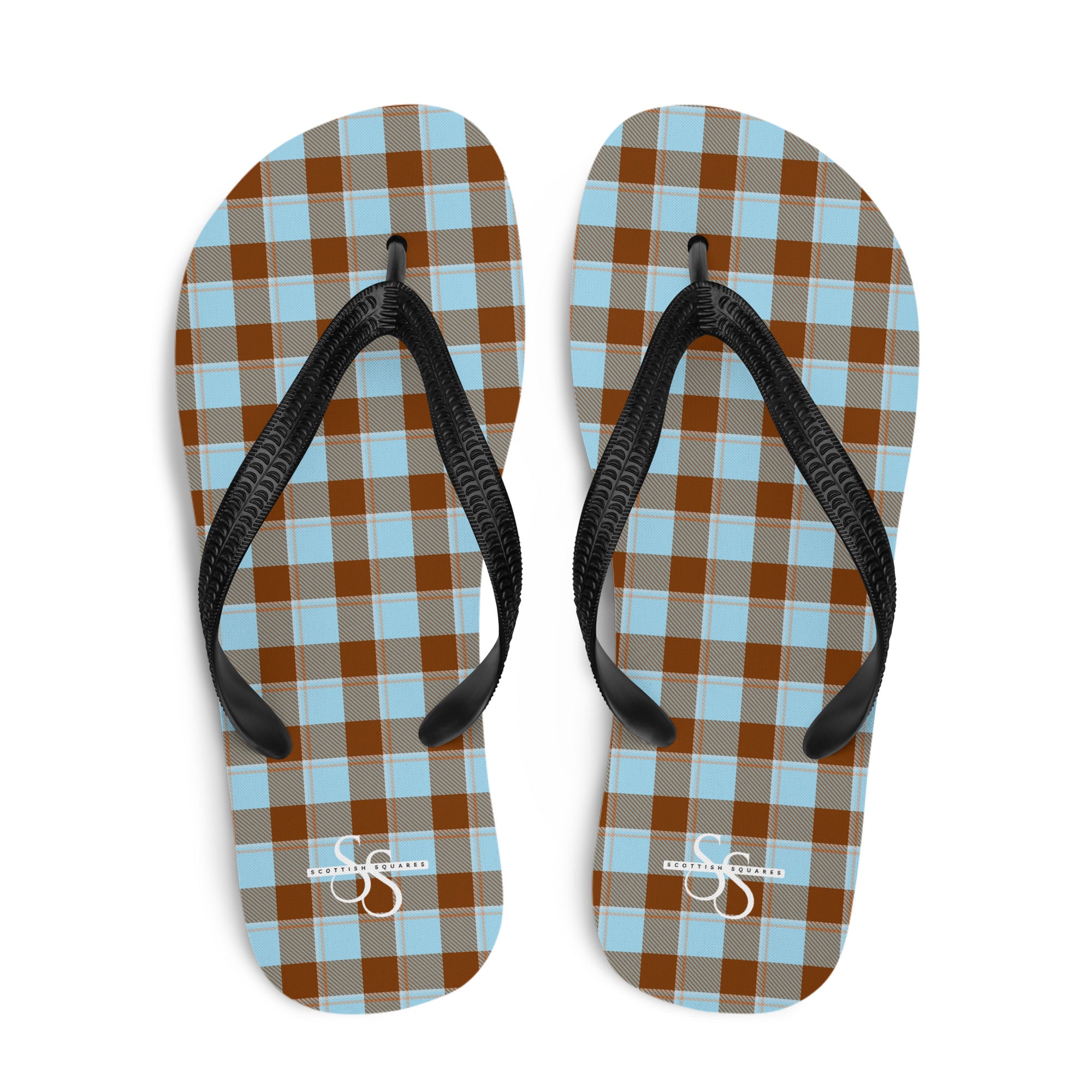 Blizzard Blue and Livid Brown Plaid Flip Flops - Scottish Squares