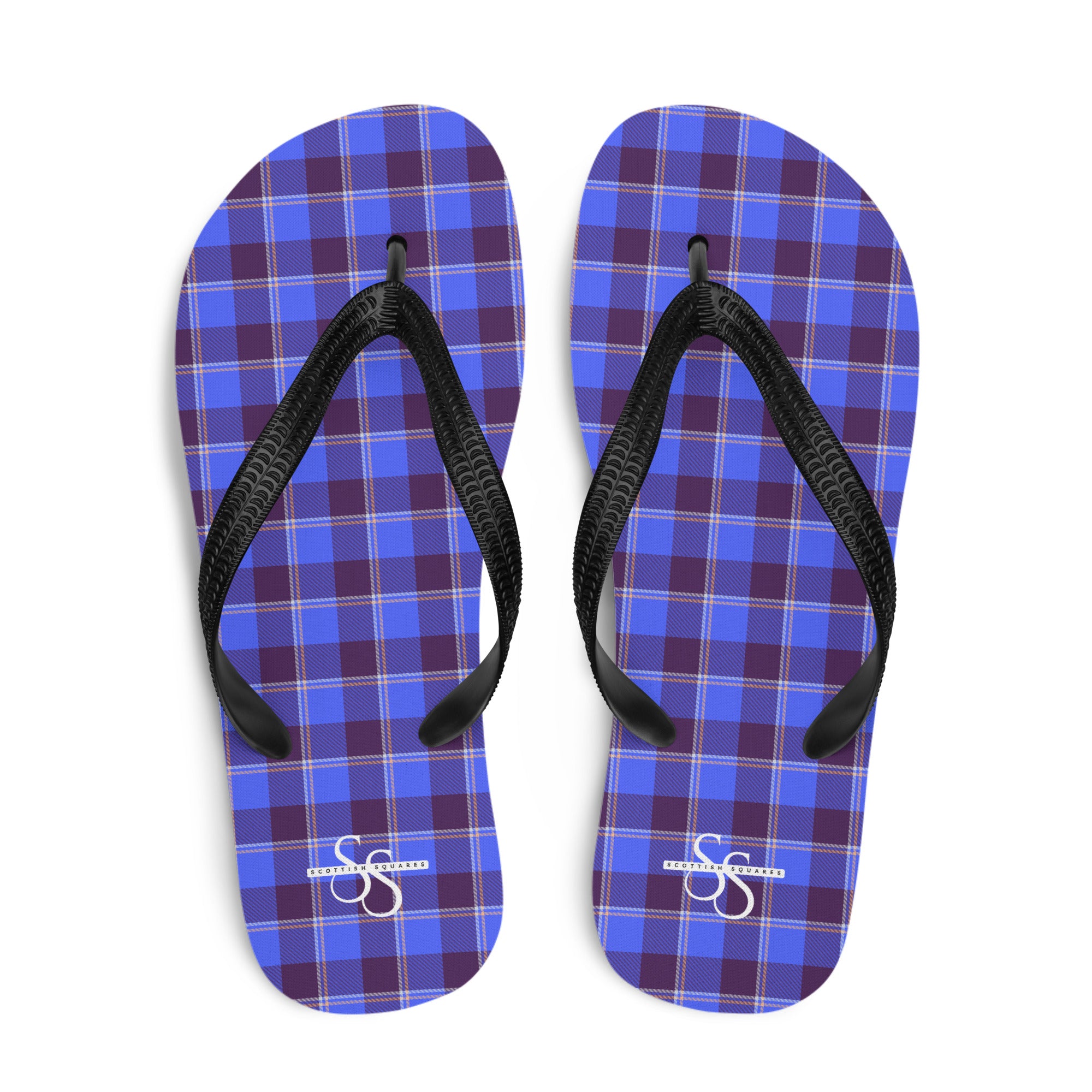 Cornflower Blue and Livid Brown Plaid Flip Flops - Scottish Squares