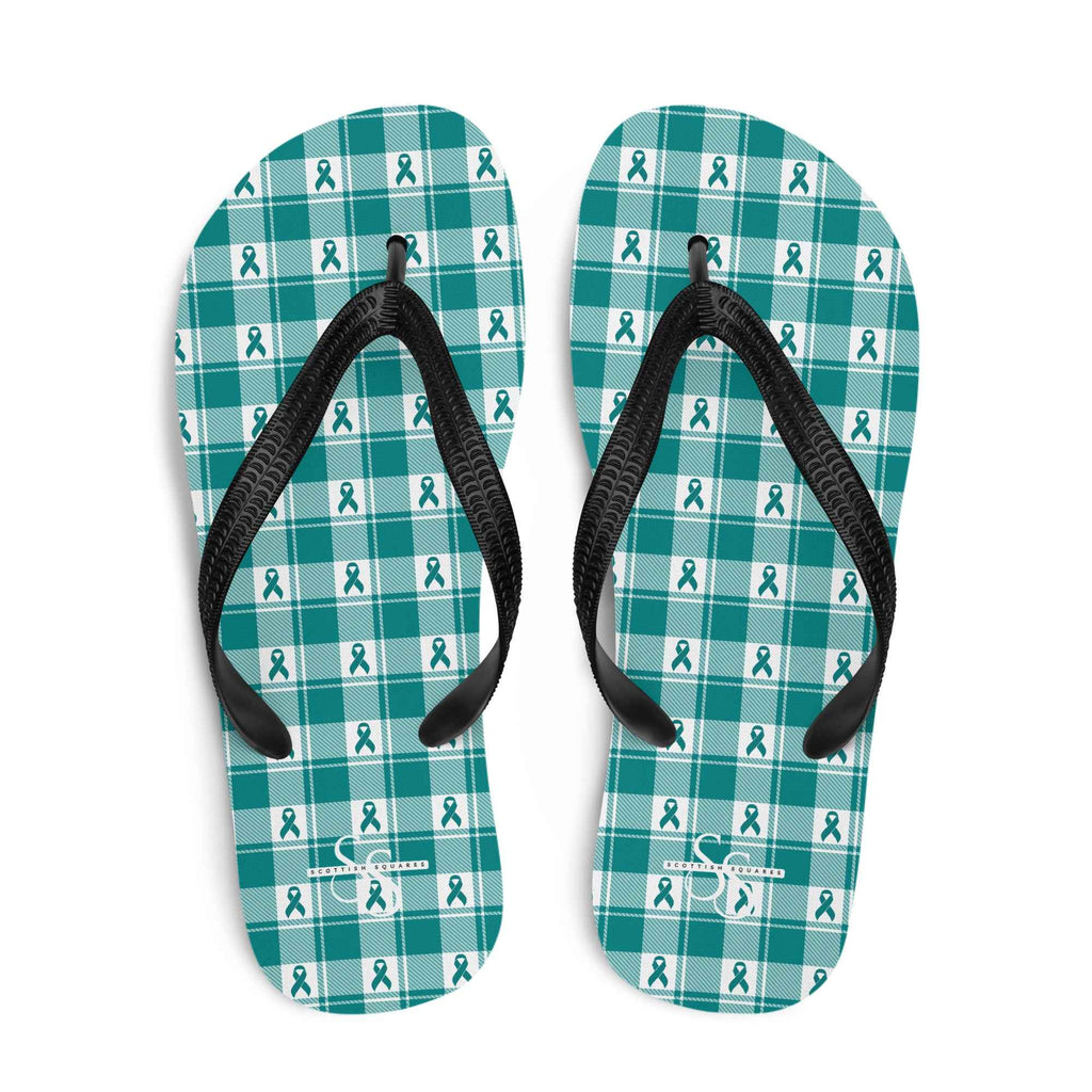 Flip Flops Cervical Cancer Awareness Plaid, Teal Ribbon, Supportive Gift L - Scottish Squares