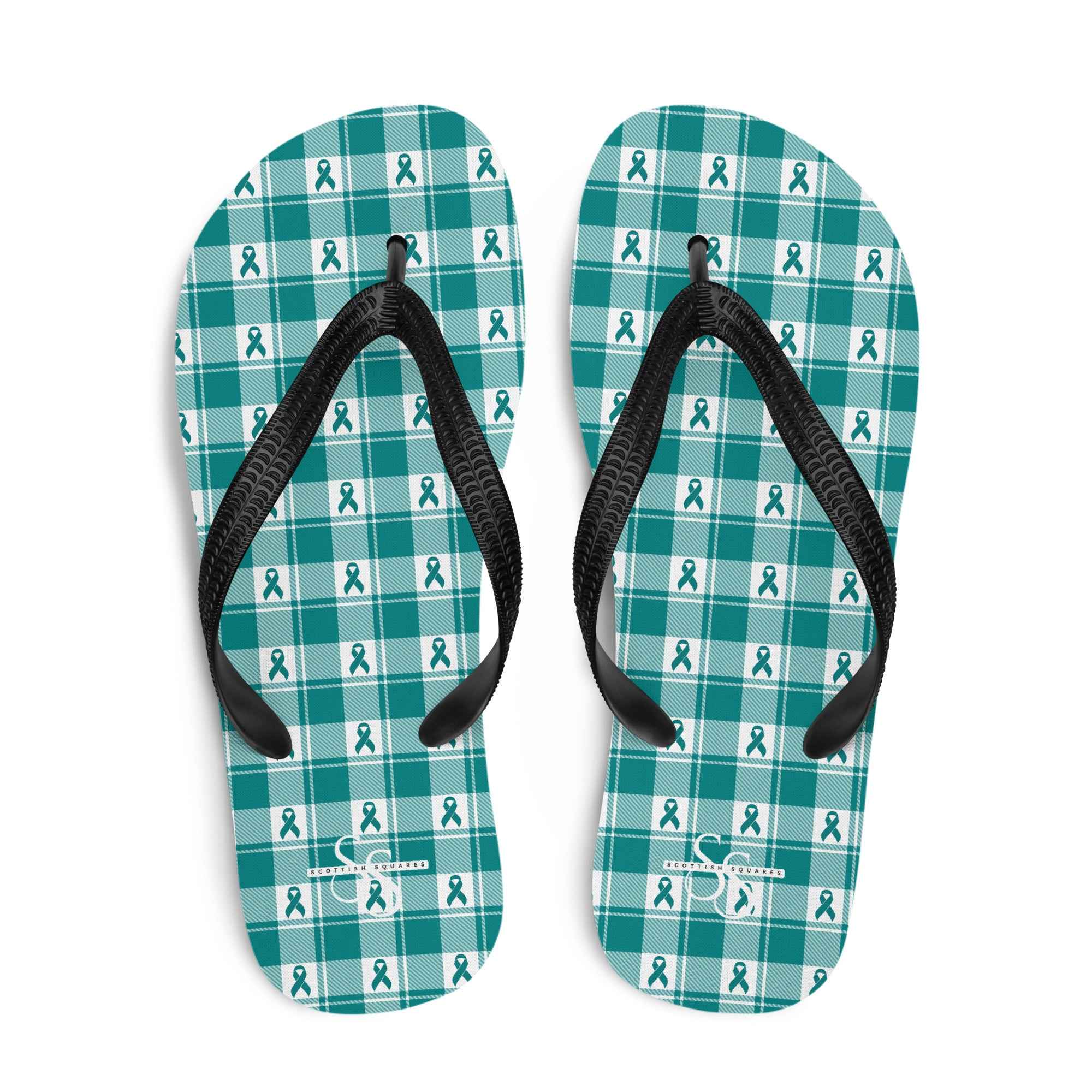 Flip Flops Cervical Cancer Awareness Plaid, Teal Ribbon, Supportive Gift L - Scottish Squares