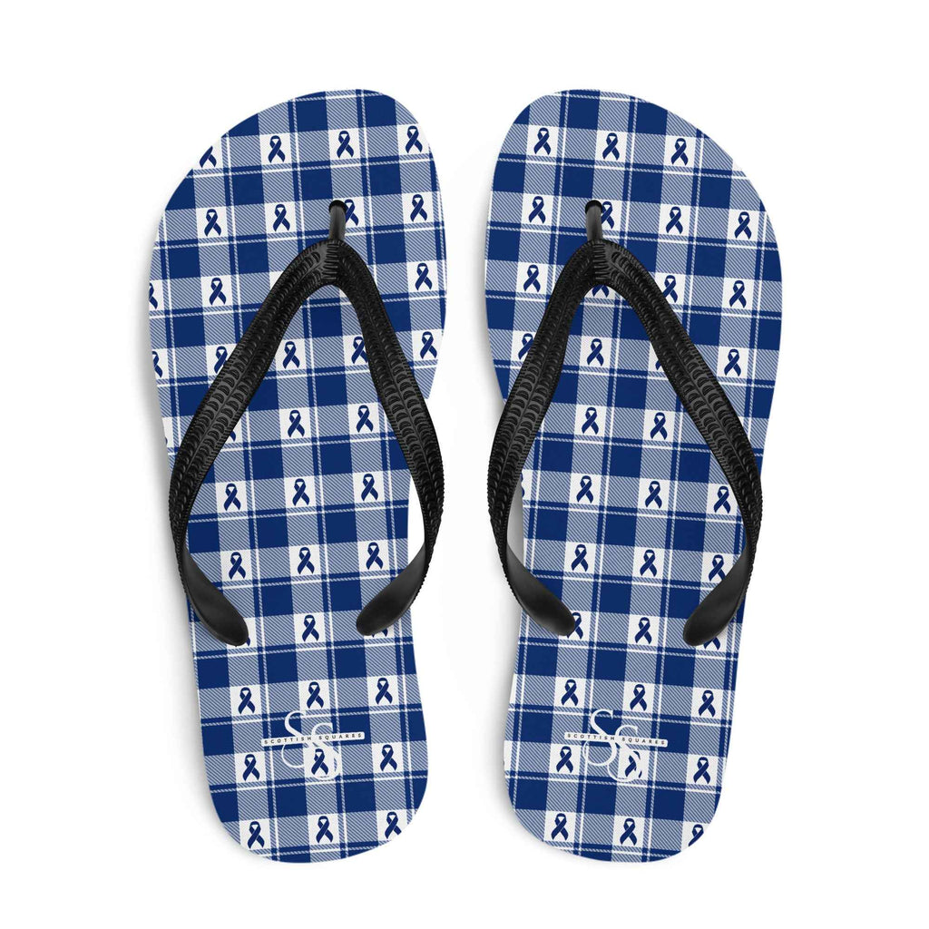 Flip Flops Colorectal Cancer Awareness Plaid, Dark Blue Ribbon, Supportive Gift L - Scottish Squares