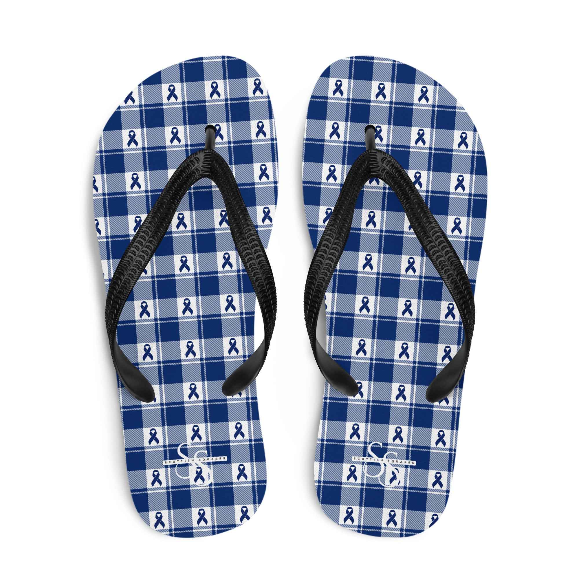 Flip Flops Colorectal Cancer Awareness Plaid, Dark Blue Ribbon, Supportive Gift L - Scottish Squares