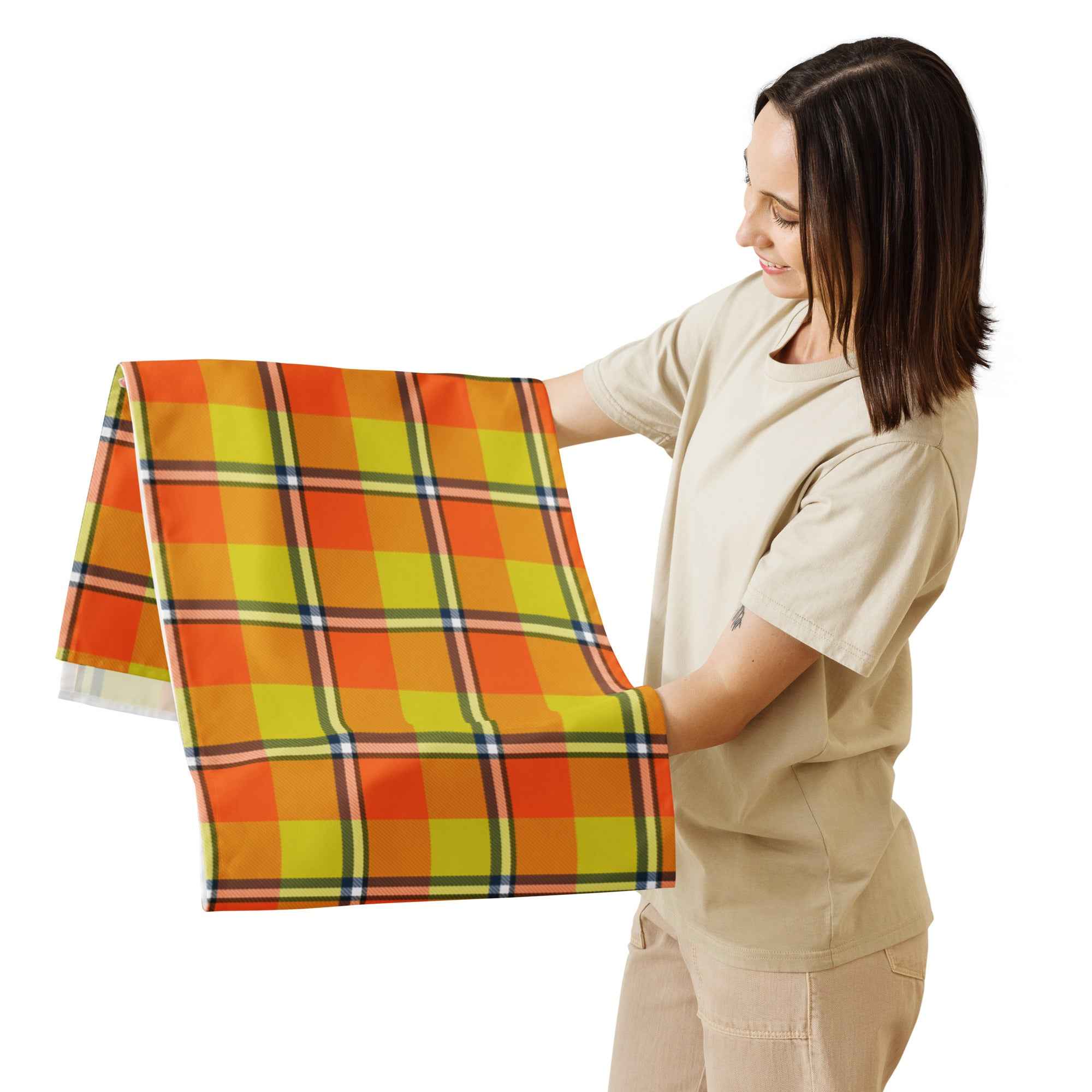 Table Runner Blaze Orange and Bird Flower Plaid - Scottish Squares