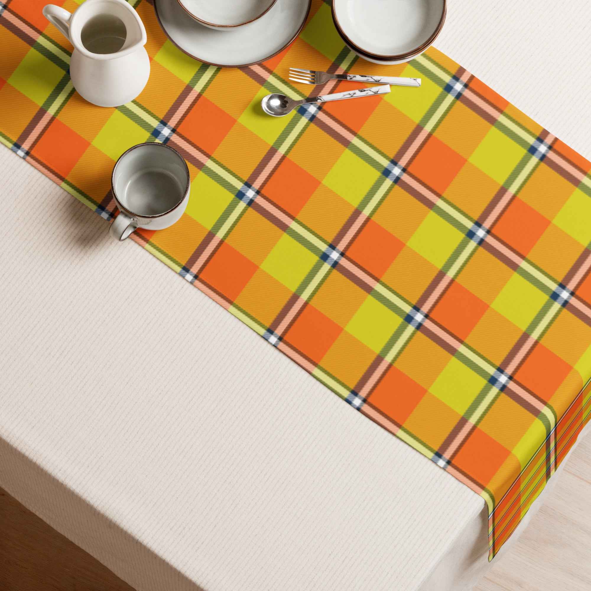 Table Runner Blaze Orange and Bird Flower Plaid - Scottish Squares