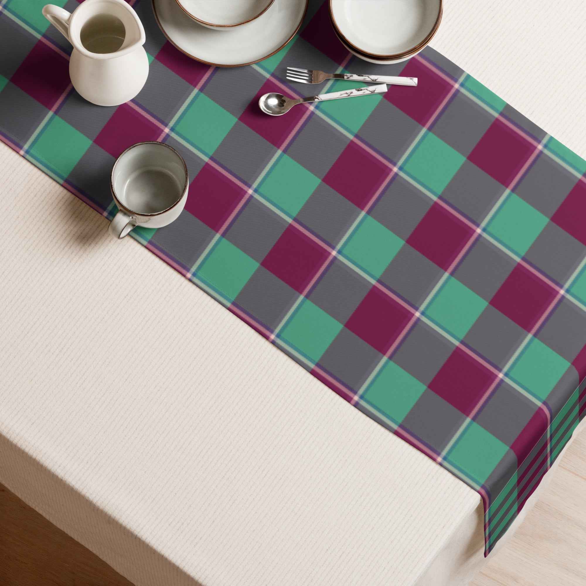 Table Runner Ocean Green and Mulberry Wood Plaid - Scottish Squares