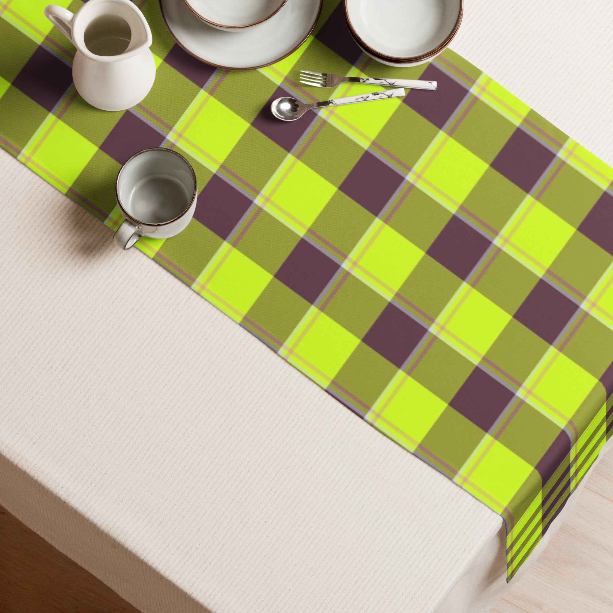 Table Runner Electric Lime and Livid Brown Plaid - Scottish Squares