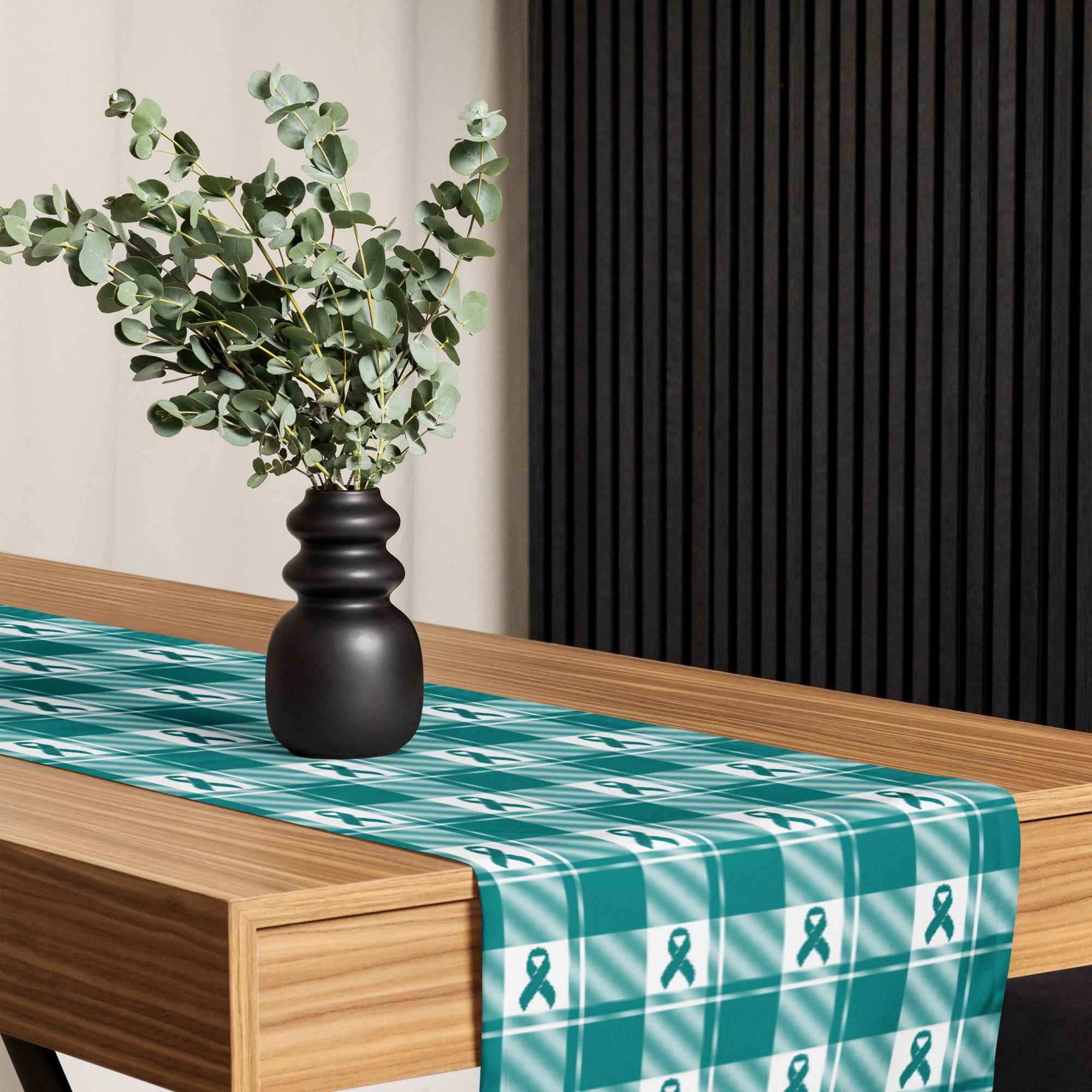 Table Runner Cervical Cancer Awareness Plaid, Teal Ribbon, Supportive Gift - Scottish Squares
