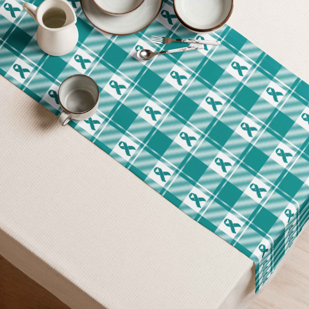 Table Runner Cervical Cancer Awareness Plaid, Teal Ribbon, Supportive Gift - Scottish Squares