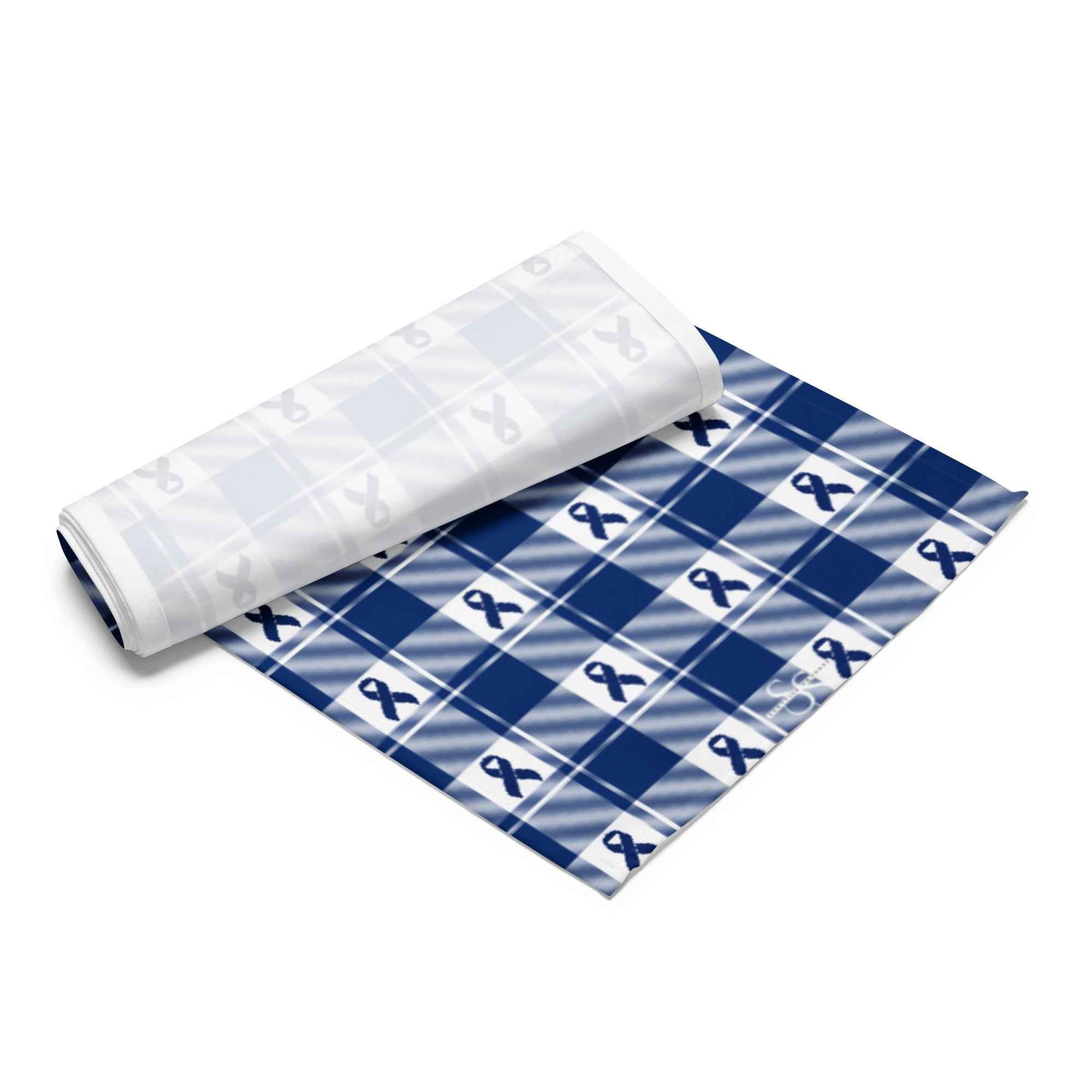 Table Runner Colorectal Cancer Awareness Plaid, Dark Blue Ribbon, Supportive Gift - Scottish Squares