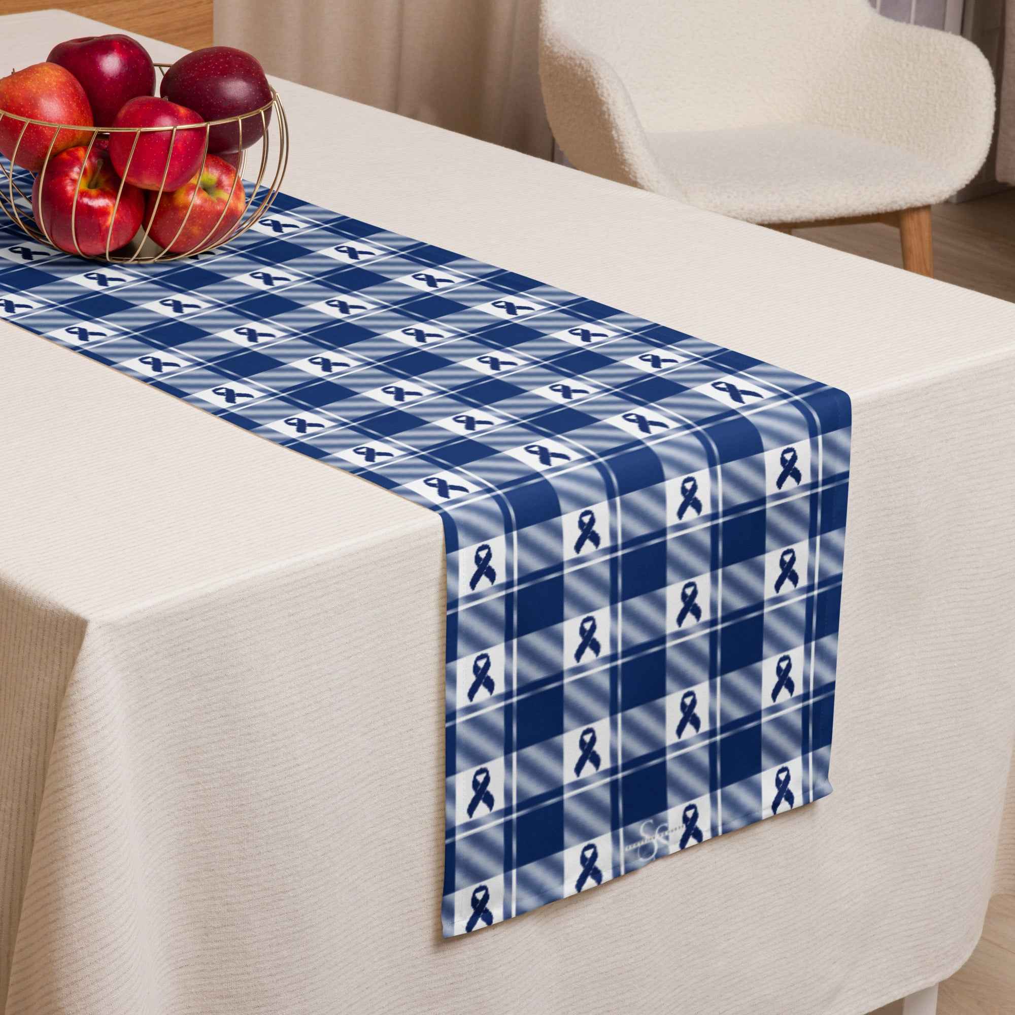 Table Runner Colorectal Cancer Awareness Plaid, Dark Blue Ribbon, Supportive Gift Default Title - Scottish Squares