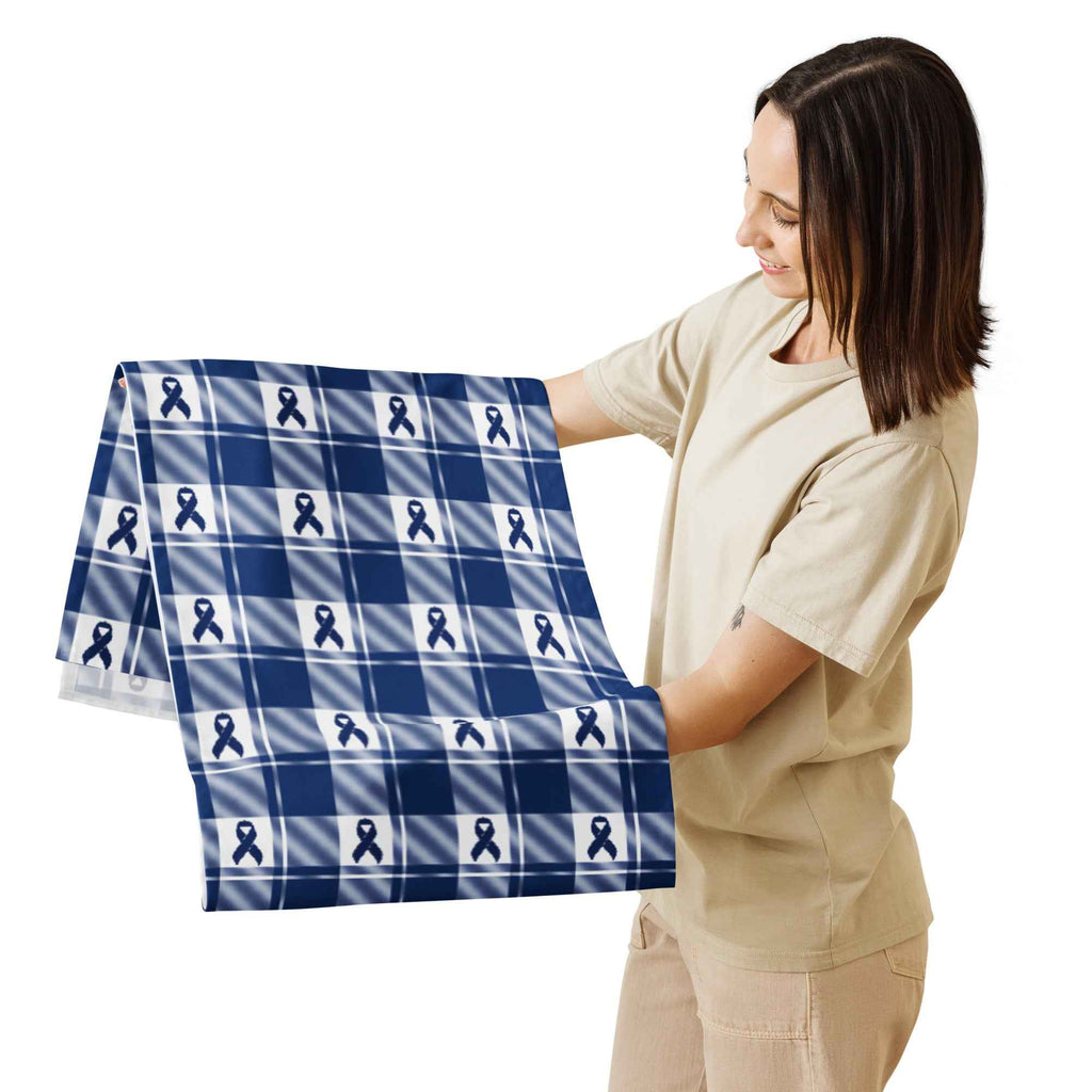 Table Runner Colorectal Cancer Awareness Plaid, Dark Blue Ribbon, Supportive Gift - Scottish Squares