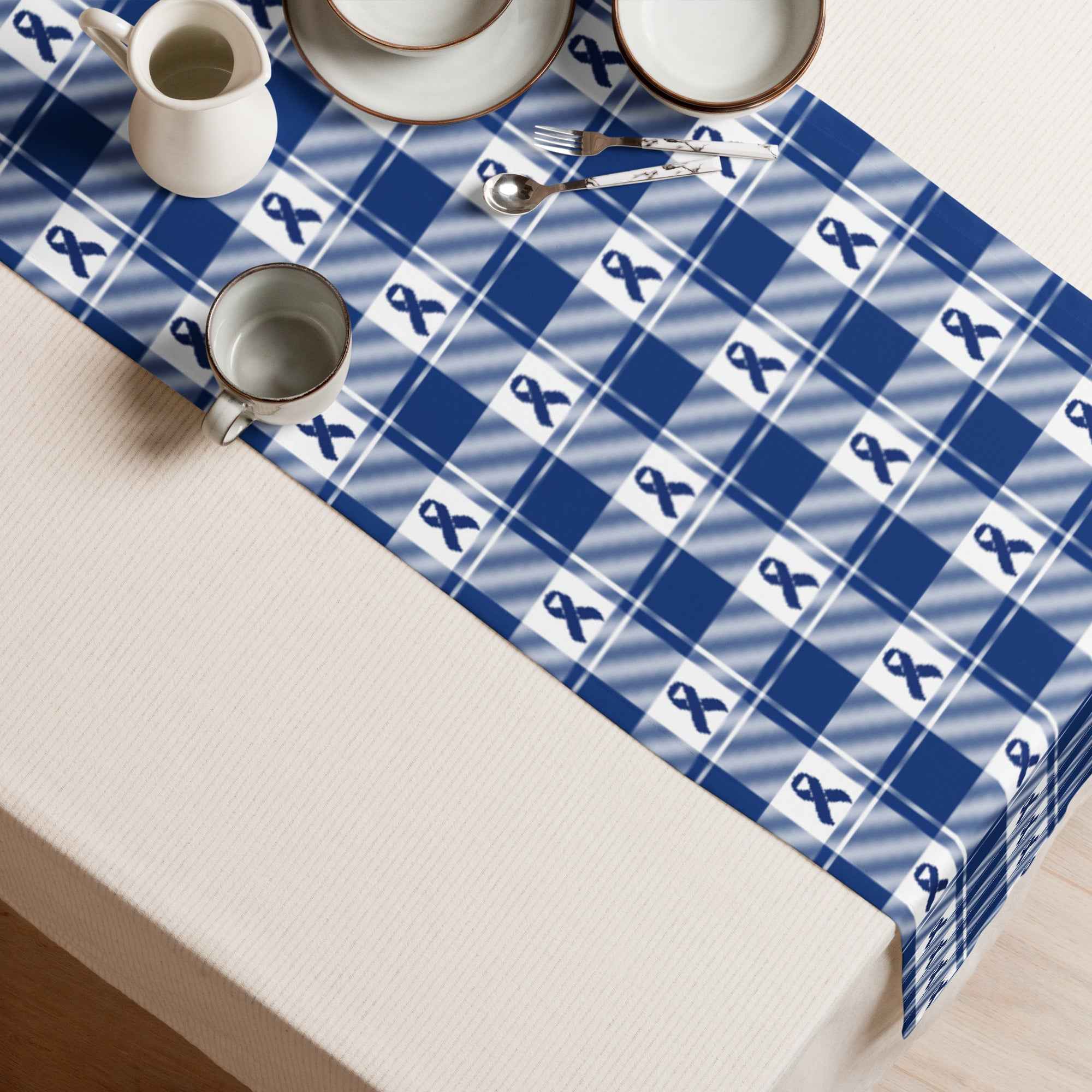 Table Runner Colorectal Cancer Awareness Plaid, Dark Blue Ribbon, Supportive Gift - Scottish Squares