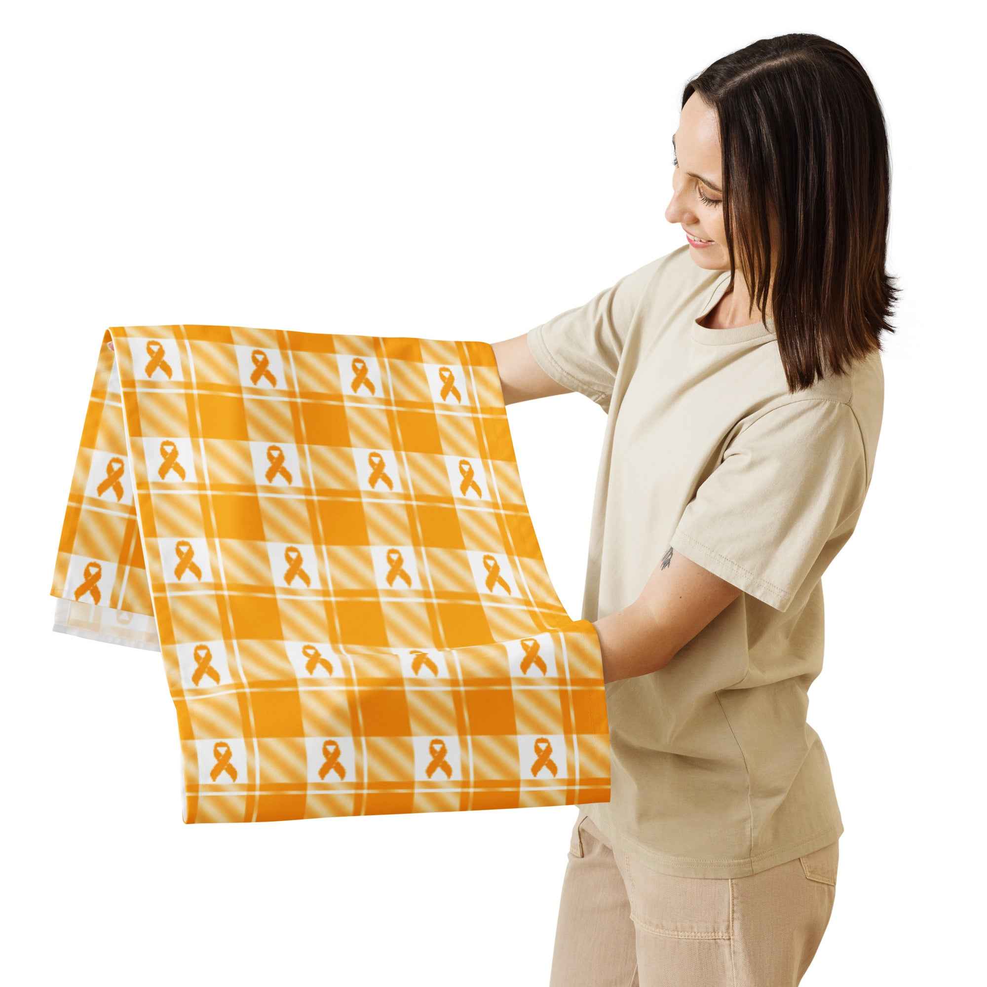 Table Runner Kidney Cancer Awareness Plaid, Orange Ribbon, Supportive Gift - Scottish Squares