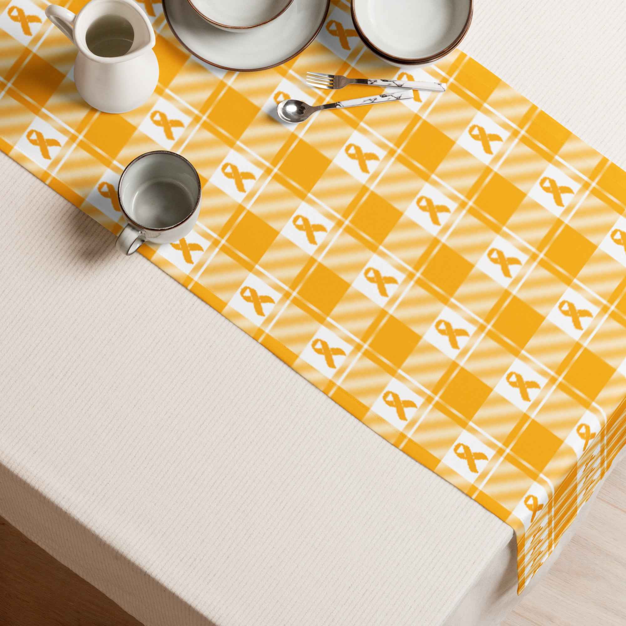 Table Runner Kidney Cancer Awareness Plaid, Orange Ribbon, Supportive Gift - Scottish Squares