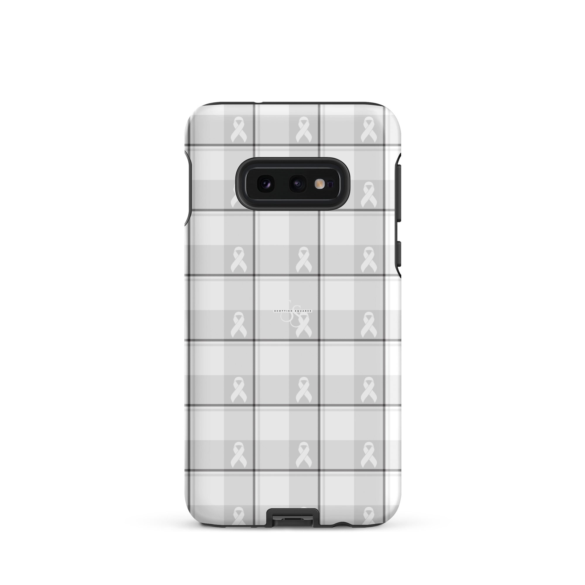 Tough Case for Samsung Lung Cancer Awareness Plaid, White Ribbon, Supportive Gift Samsung Galaxy S10e - Scottish Squares
