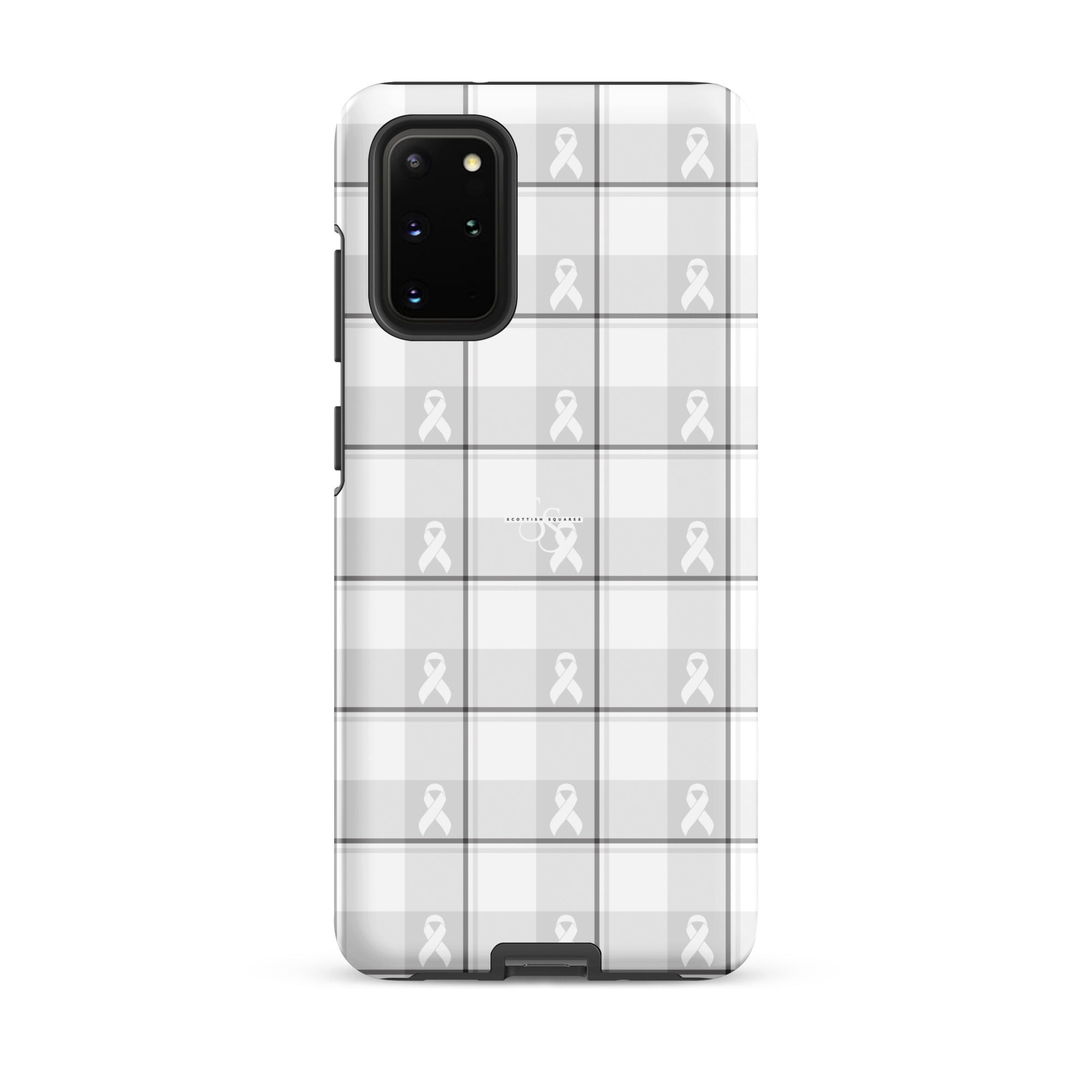 Tough Case for Samsung Lung Cancer Awareness Plaid, White Ribbon, Supportive Gift Samsung Galaxy S20 Plus - Scottish Squares