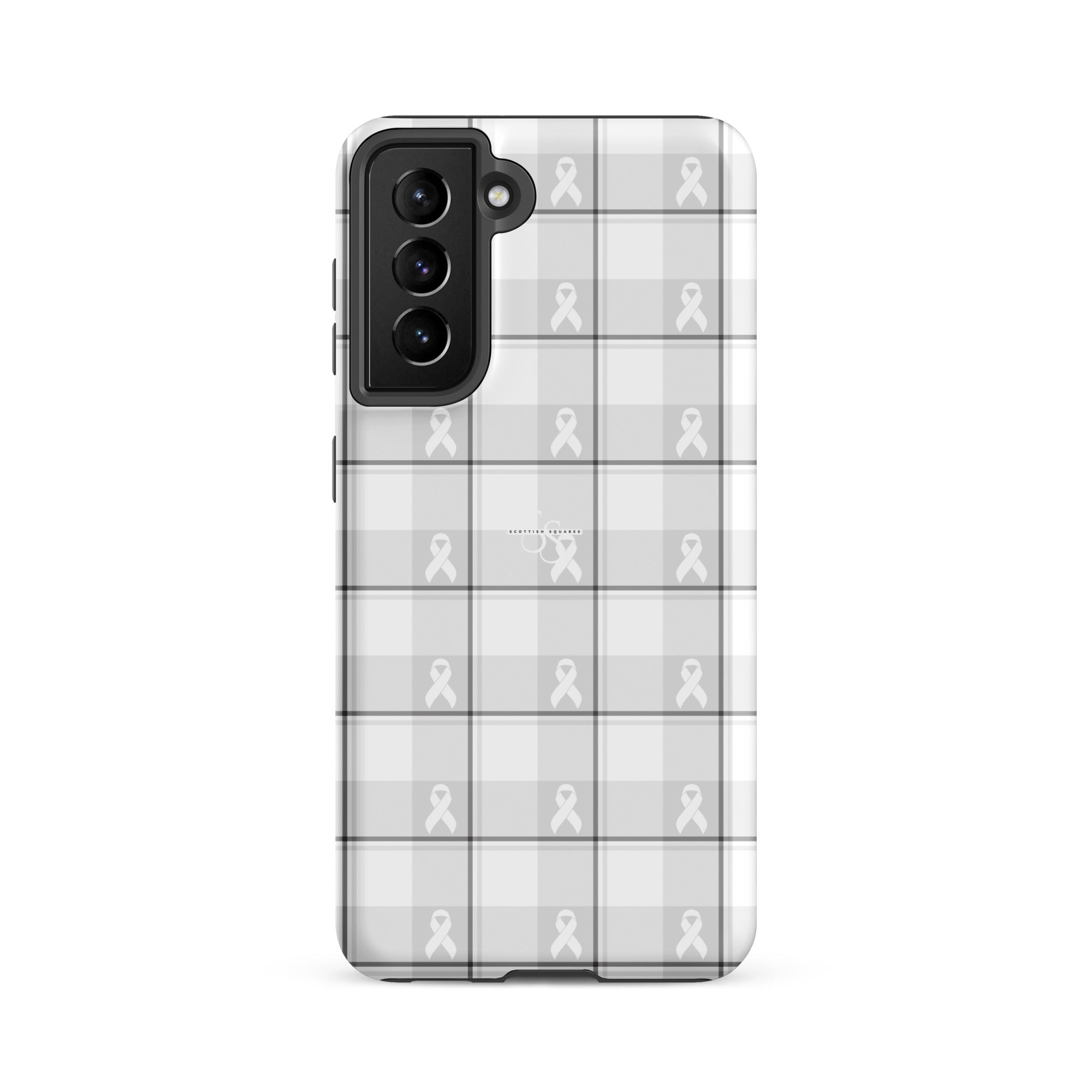 Tough Case for Samsung Lung Cancer Awareness Plaid, White Ribbon, Supportive Gift Samsung Galaxy S21 FE - Scottish Squares