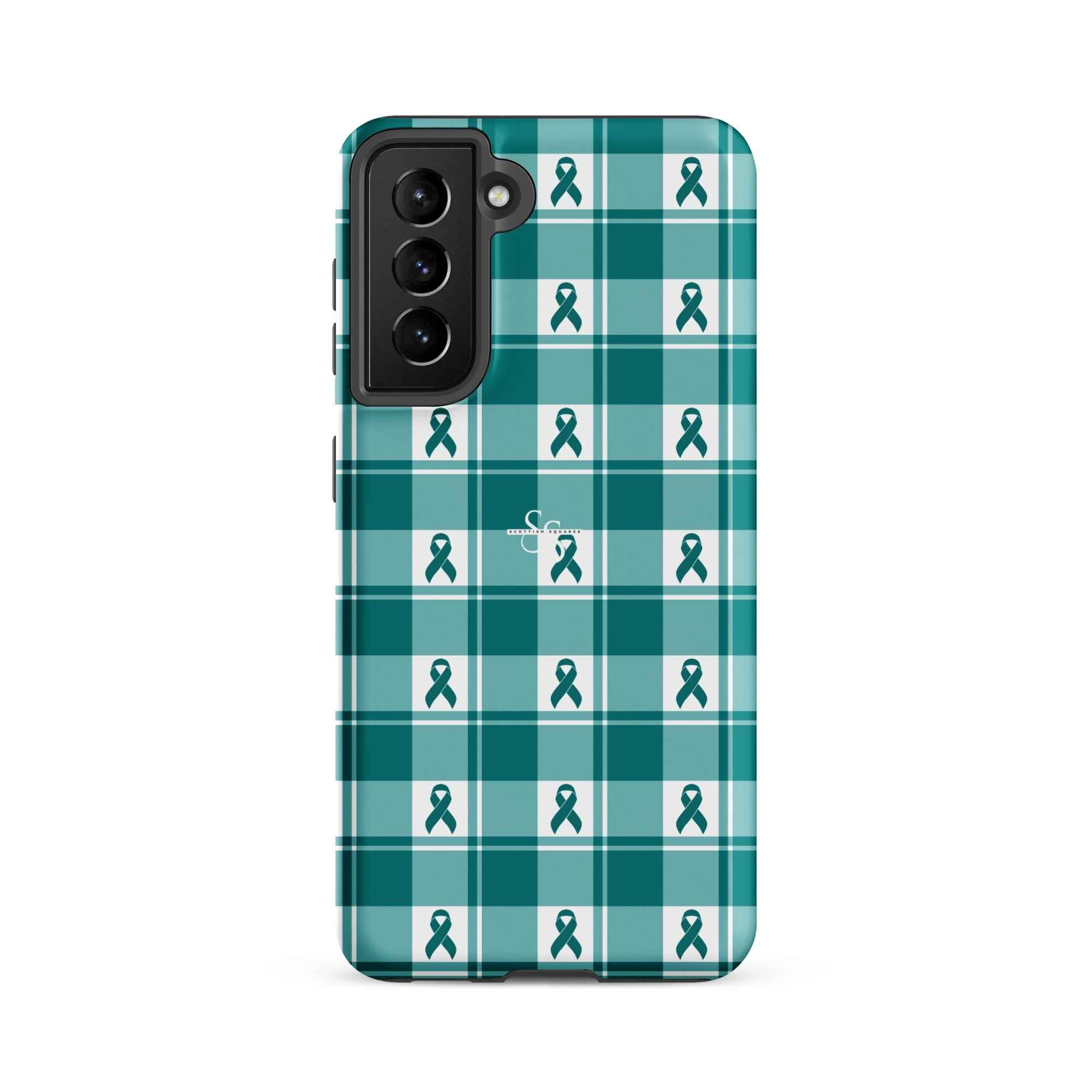 Tough Case for Samsung Cervical Cancer Awareness Plaid, Teal Ribbon, Supportive Gift Samsung Galaxy S21 FE - Scottish Squares