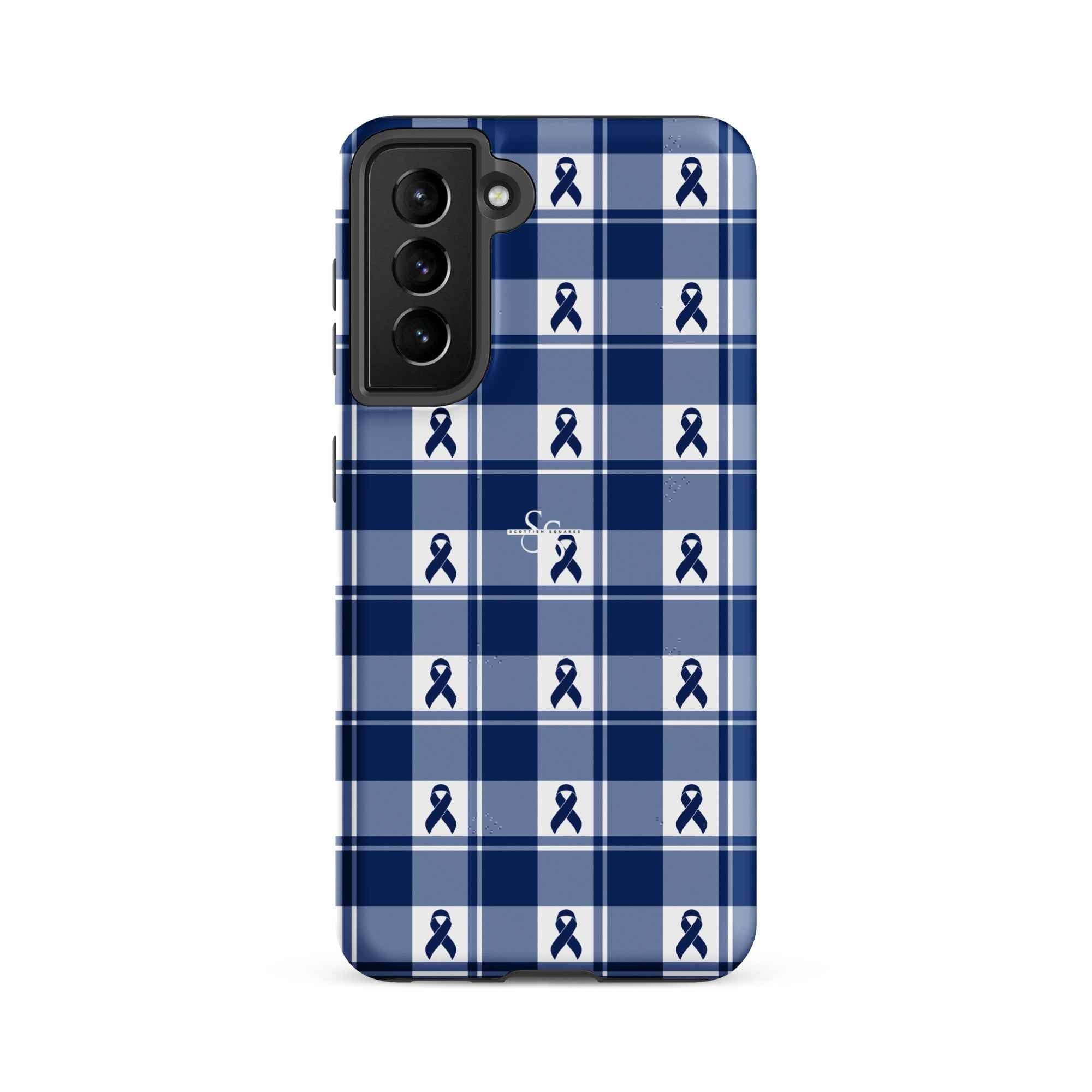 Tough Case for Samsung Colorectal Cancer Awareness Plaid, Dark Blue Ribbon, Supportive Gift Samsung Galaxy S21 FE - Scottish Squares