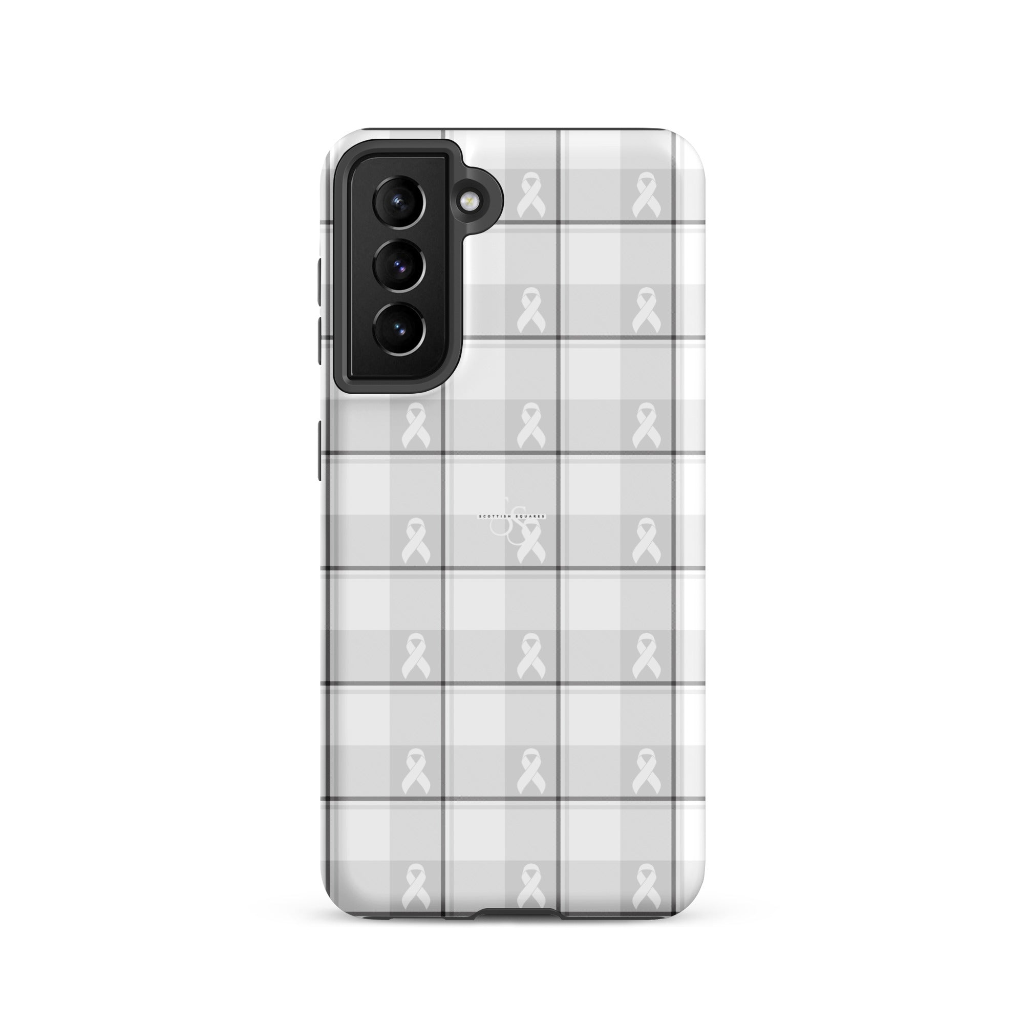 Tough Case for Samsung Lung Cancer Awareness Plaid, White Ribbon, Supportive Gift Samsung Galaxy S21 - Scottish Squares