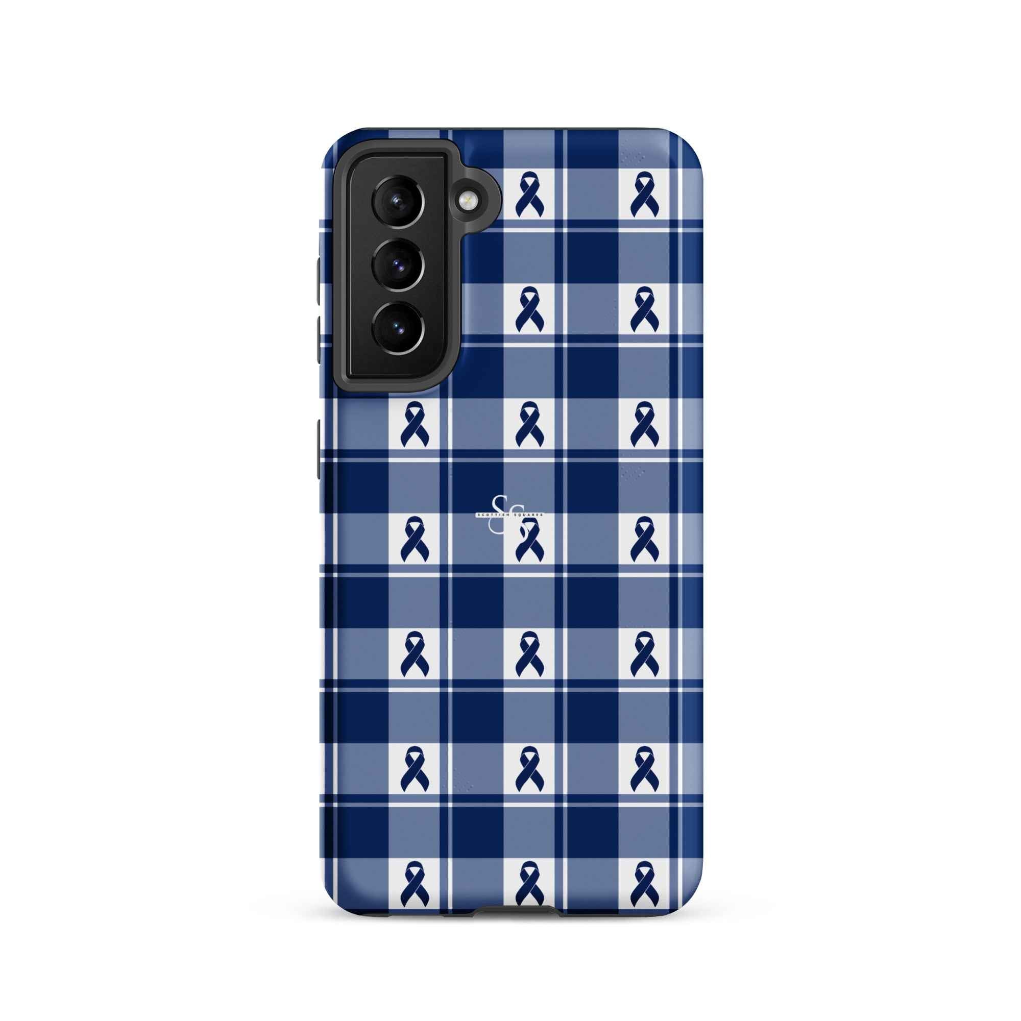 Tough Case for Samsung Colorectal Cancer Awareness Plaid, Dark Blue Ribbon, Supportive Gift Samsung Galaxy S21 - Scottish Squares