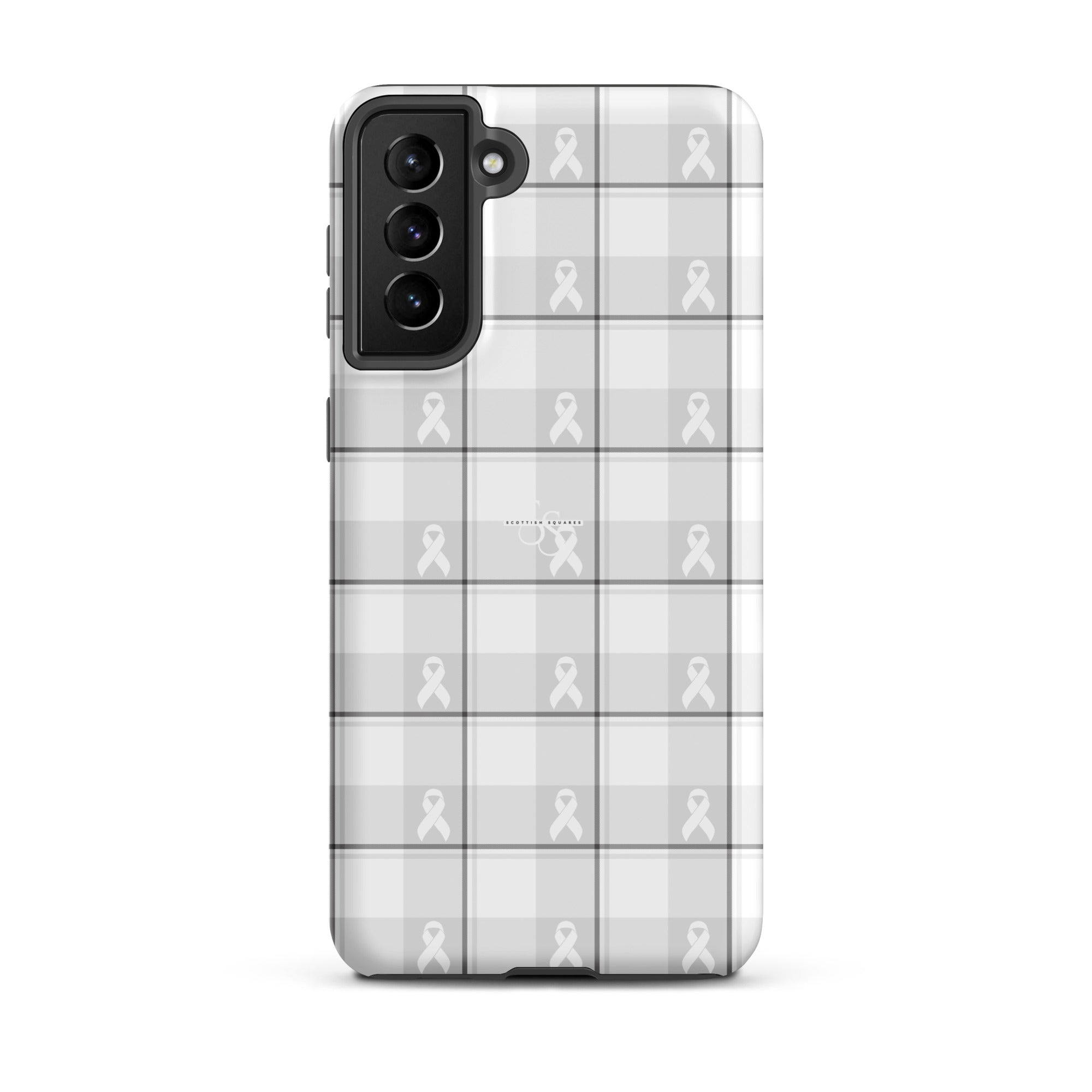 Tough Case for Samsung Lung Cancer Awareness Plaid, White Ribbon, Supportive Gift Samsung Galaxy S21 Plus - Scottish Squares