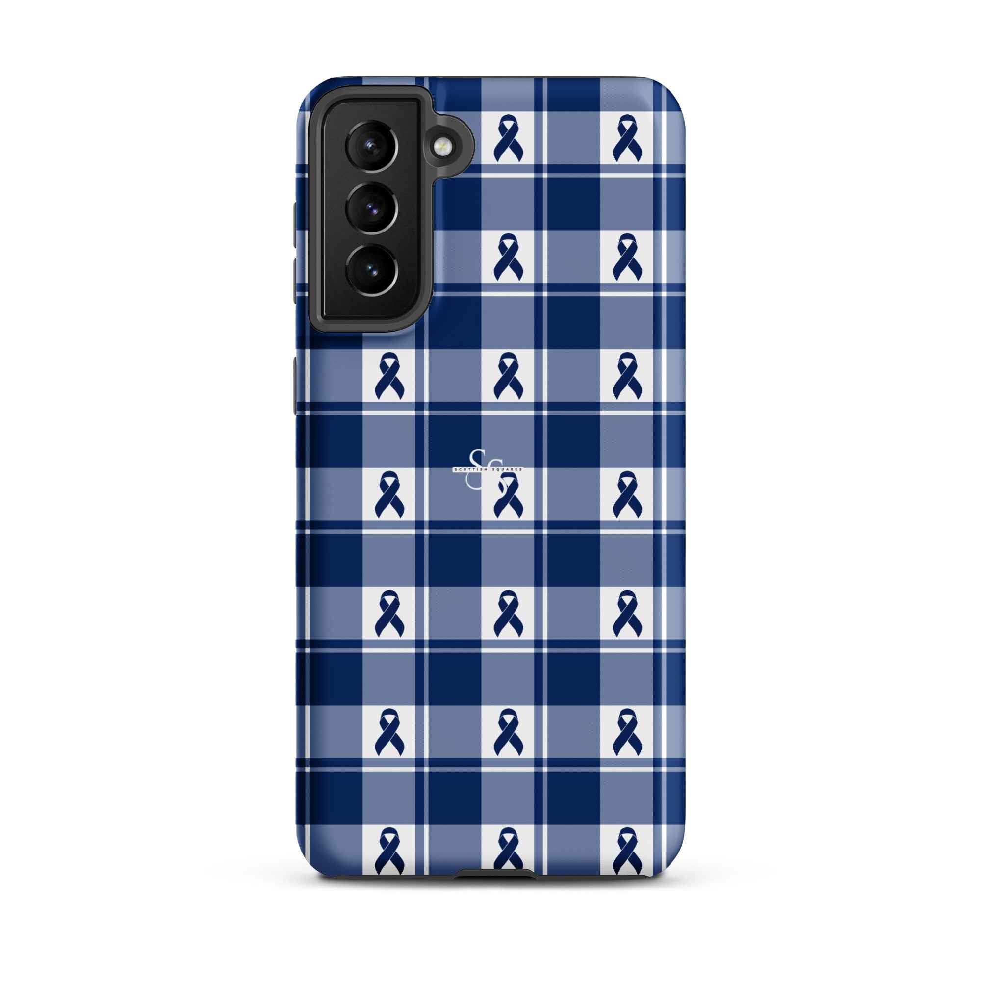 Tough Case for Samsung Colorectal Cancer Awareness Plaid, Dark Blue Ribbon, Supportive Gift Samsung Galaxy S21 Plus - Scottish Squares